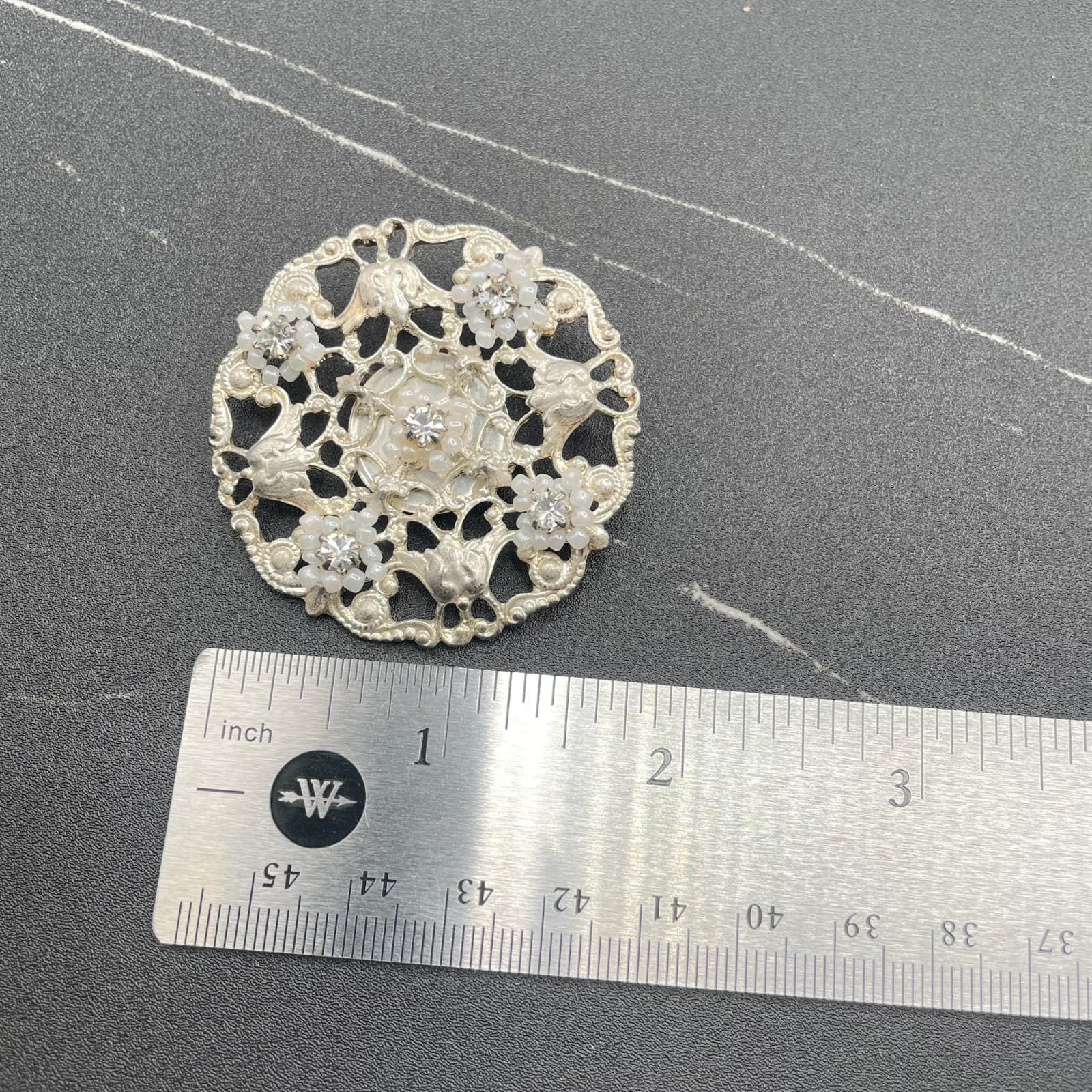 Vintage Silver Filigree Brooch w/ Rhinestones & Beaded Floral Accents - Thumbnail 7