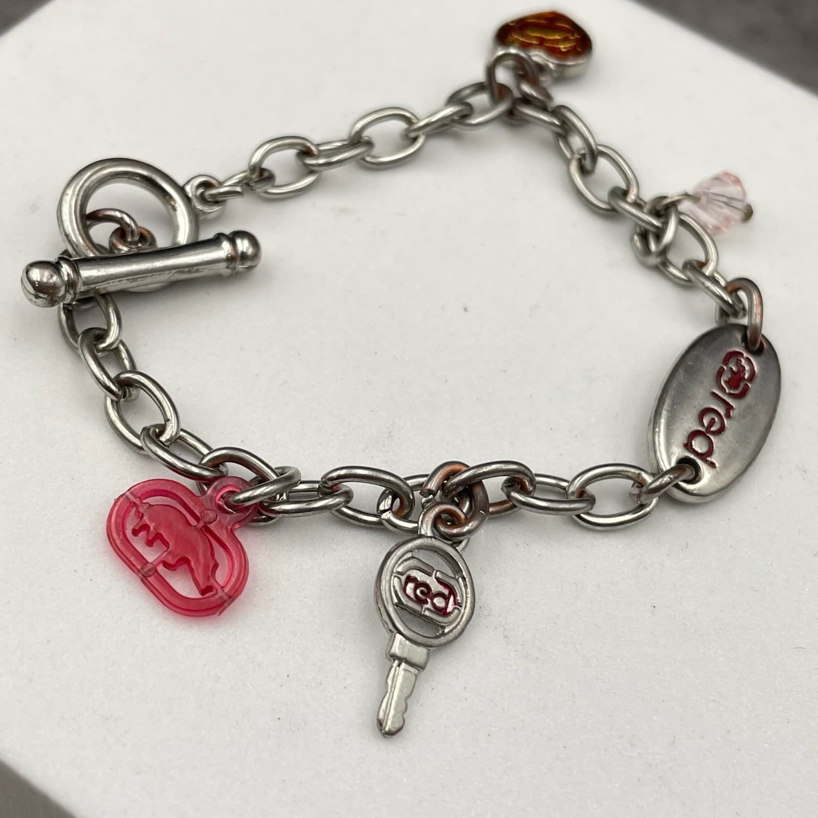 Ecko Red Y2K Silver-Tone Oval Link Chain Heart Charm Toggle Clasp Bracelet - Thumbnail 2