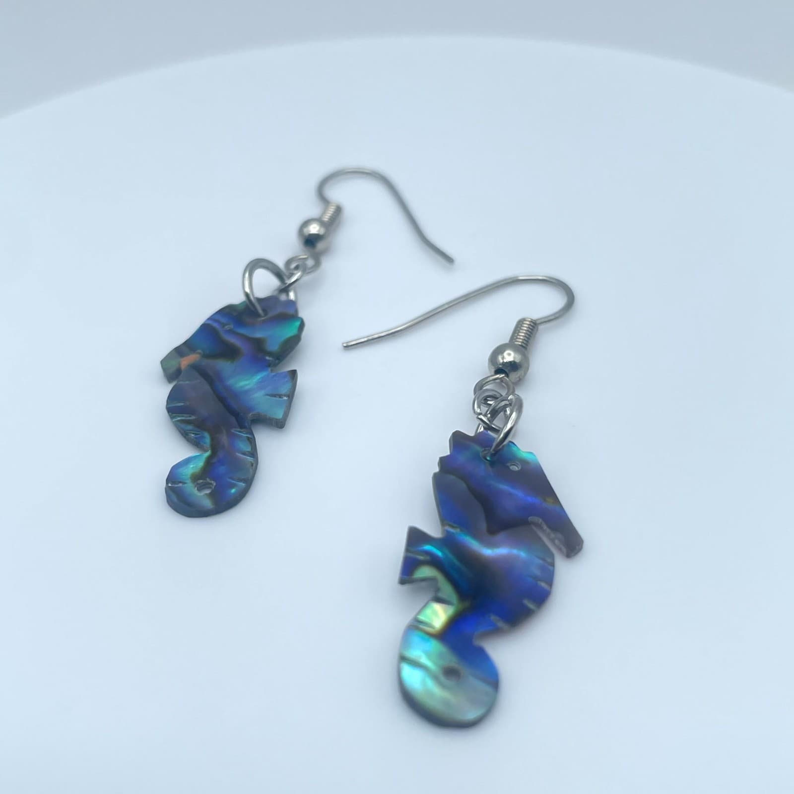 Beauty Silver-Tone Iridescent Abalone Shell Seahorse Drop French Hook Earrings - Thumbnail 2