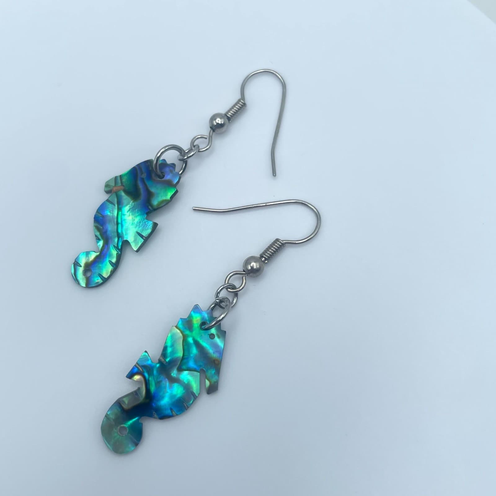 Beauty Silver-Tone Iridescent Abalone Shell Seahorse Drop French Hook Earrings - Thumbnail 5