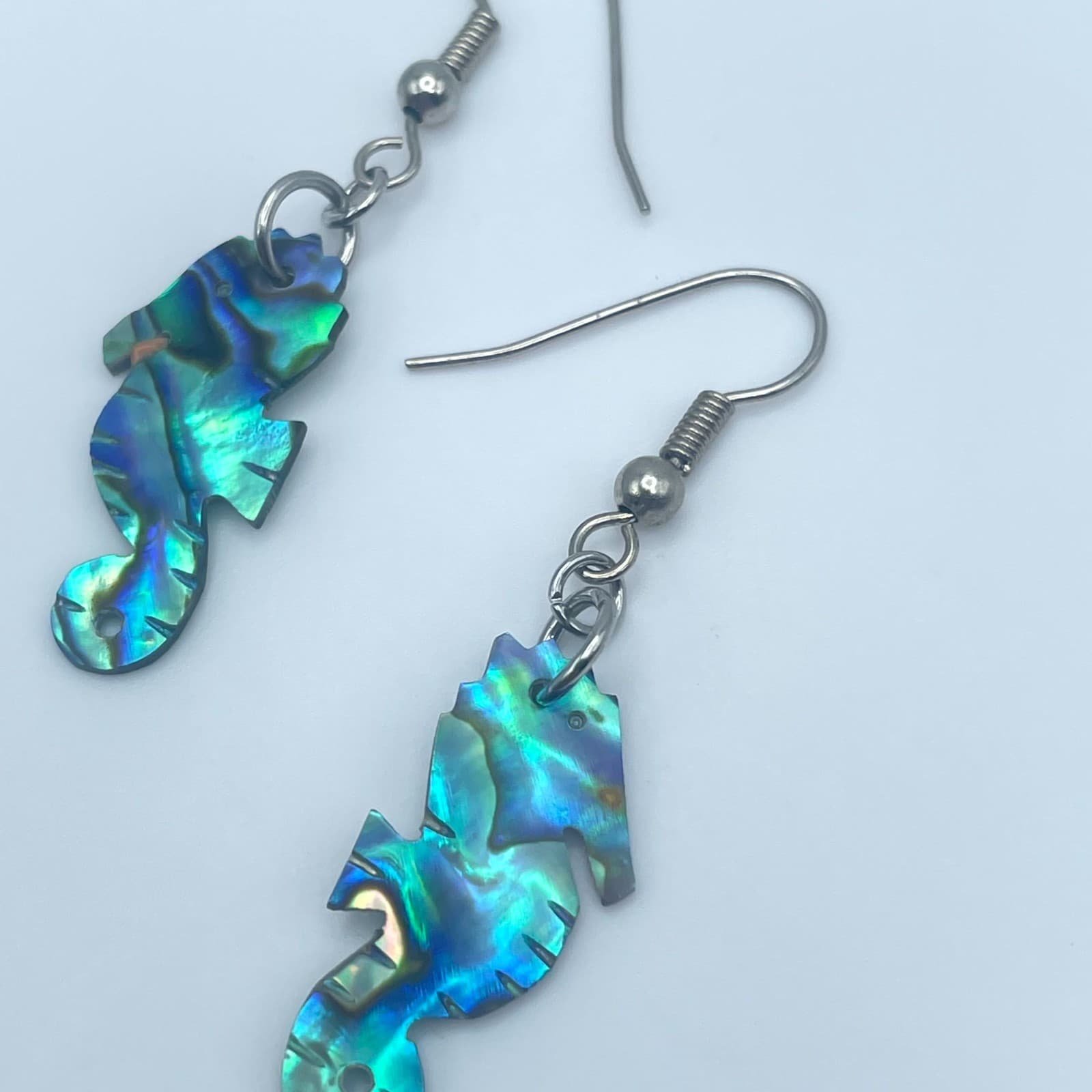 Beauty Silver-Tone Iridescent Abalone Shell Seahorse Drop French Hook Earrings - Thumbnail 9