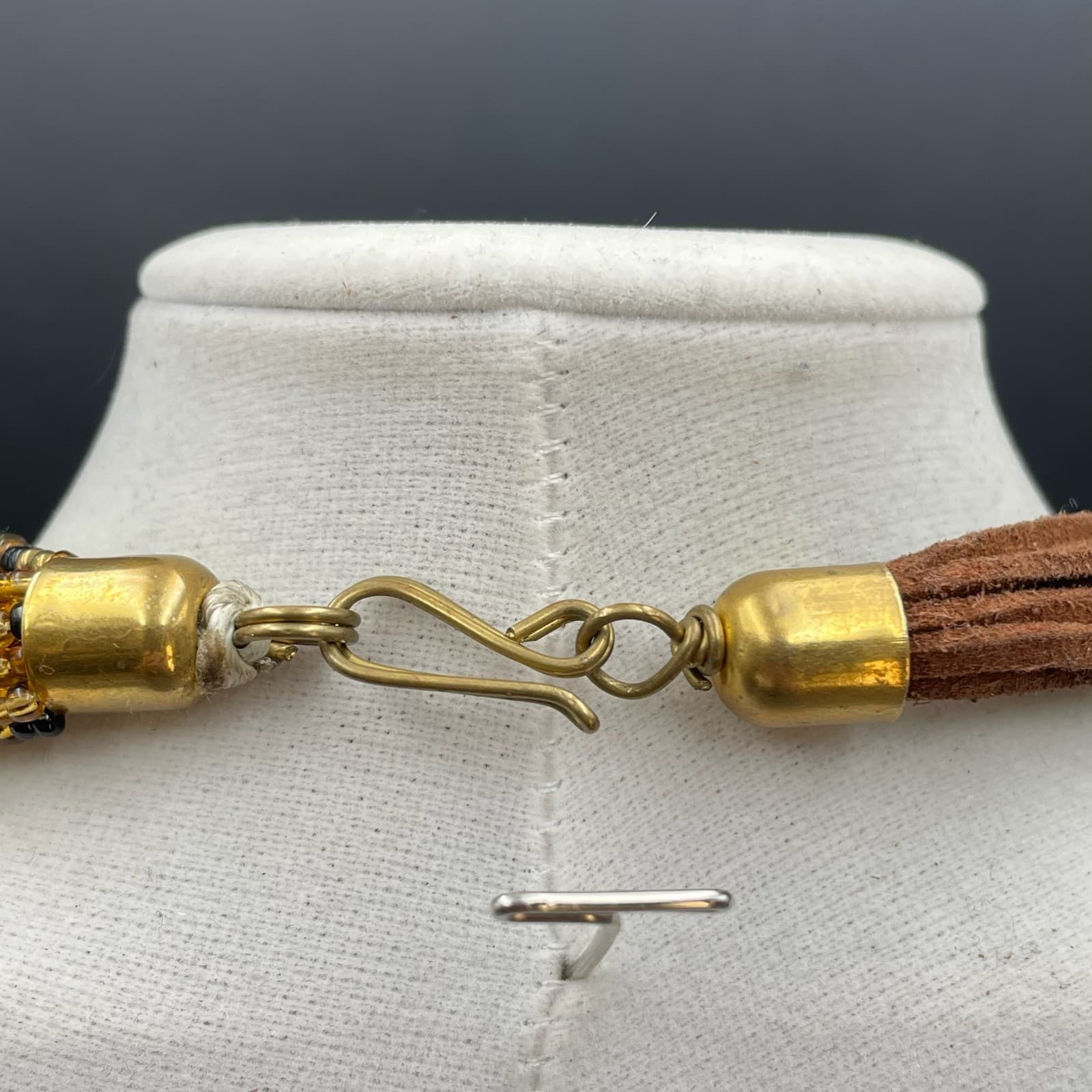 Vintage Amber Gold-Tone Suede Glass Seed Bead Multi-Strand Torsade Necklace - Thumbnail 9