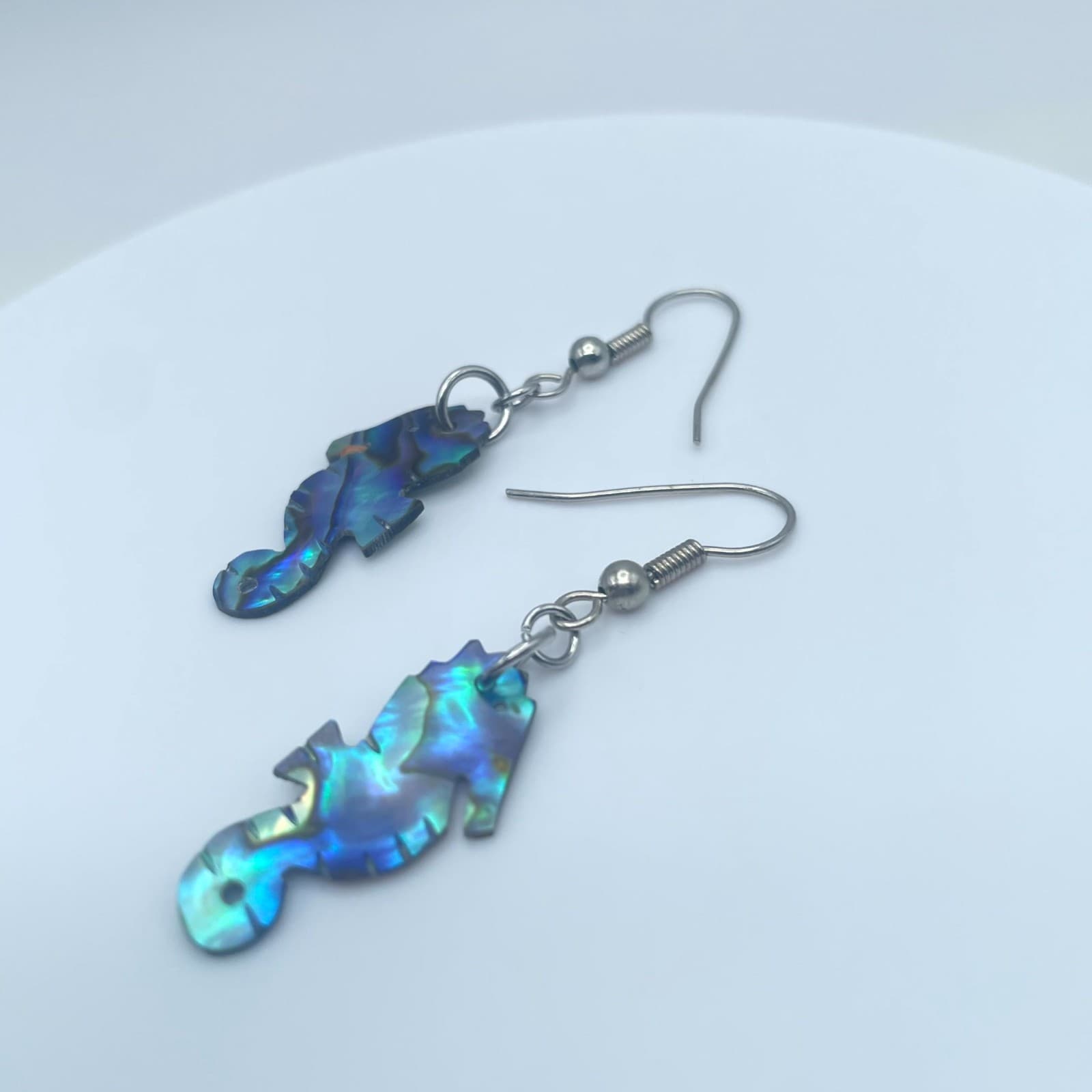Beauty Silver-Tone Iridescent Abalone Shell Seahorse Drop French Hook Earrings - Thumbnail 6