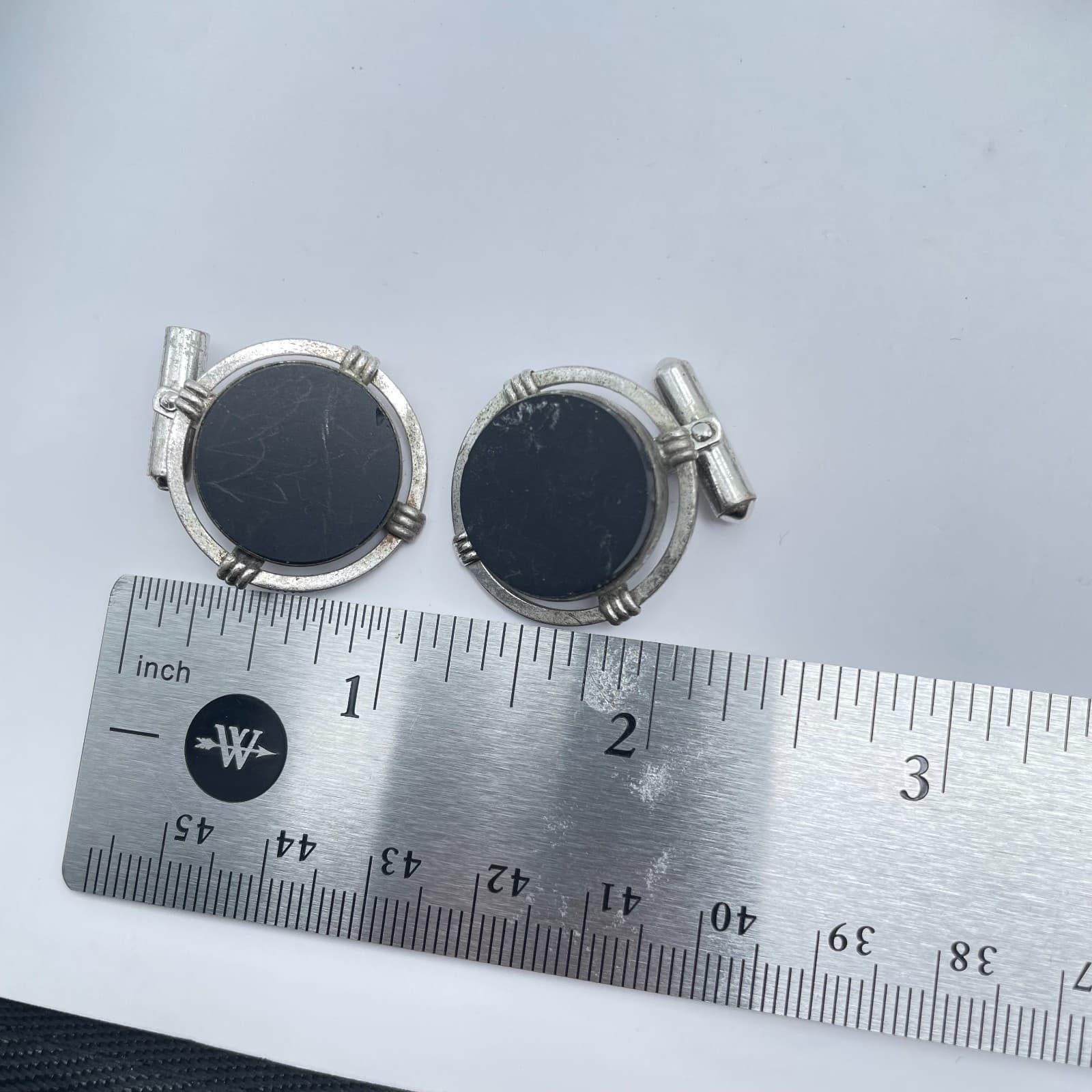 Vintage 80s Black Onyx Cufflinks Silver Tone Round Art Deco Swivel Jewelry - Thumbnail 8