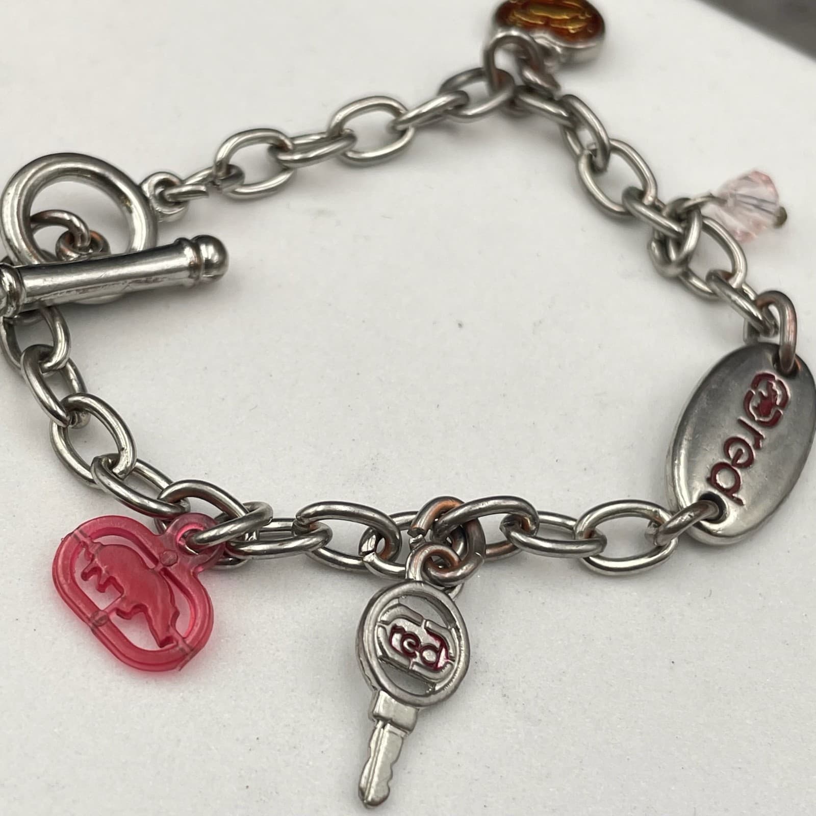 Ecko Red Y2K Silver-Tone Oval Link Chain Heart Charm Toggle Clasp Bracelet - Thumbnail 6