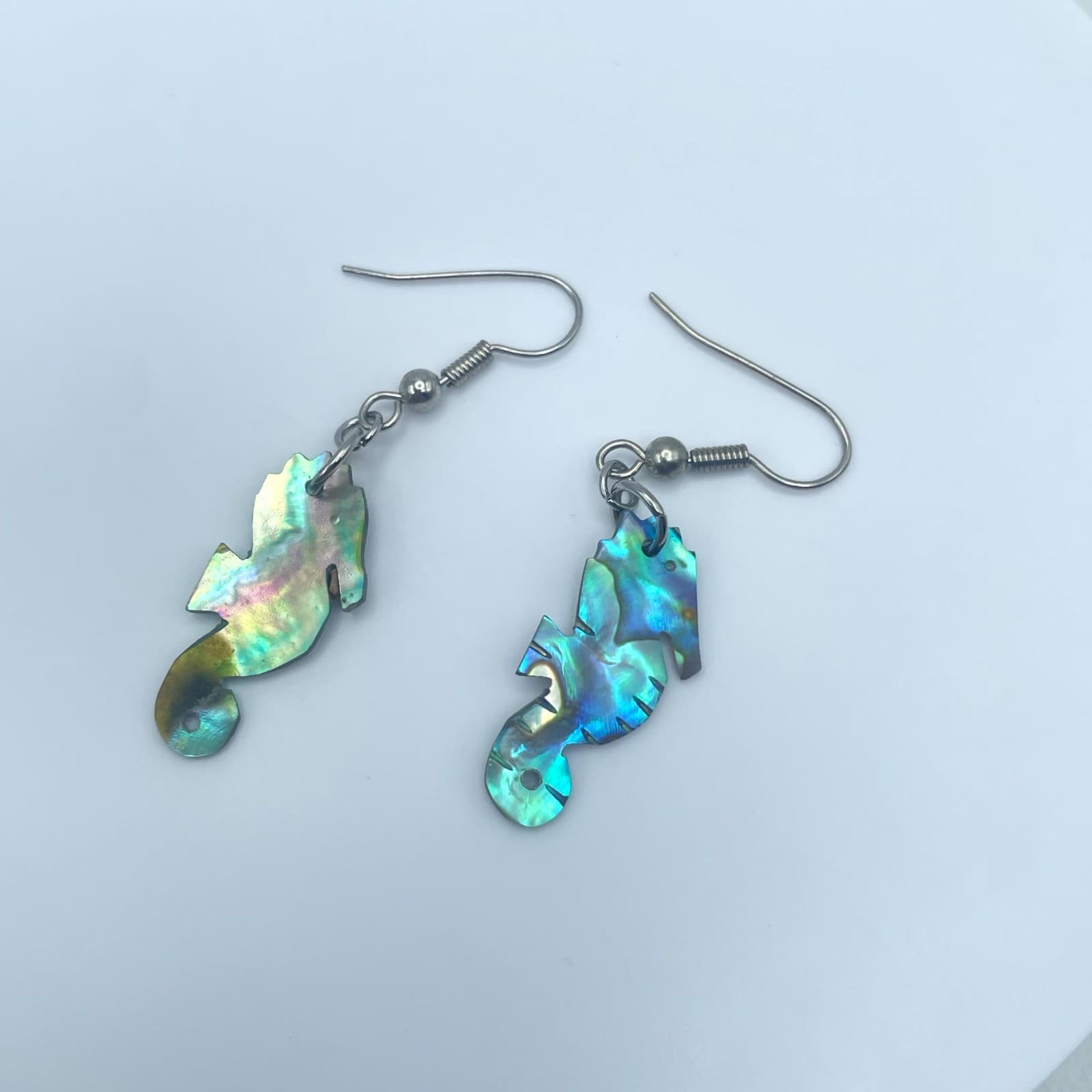 Beauty Silver-Tone Iridescent Abalone Shell Seahorse Drop French Hook Earrings - Image 1