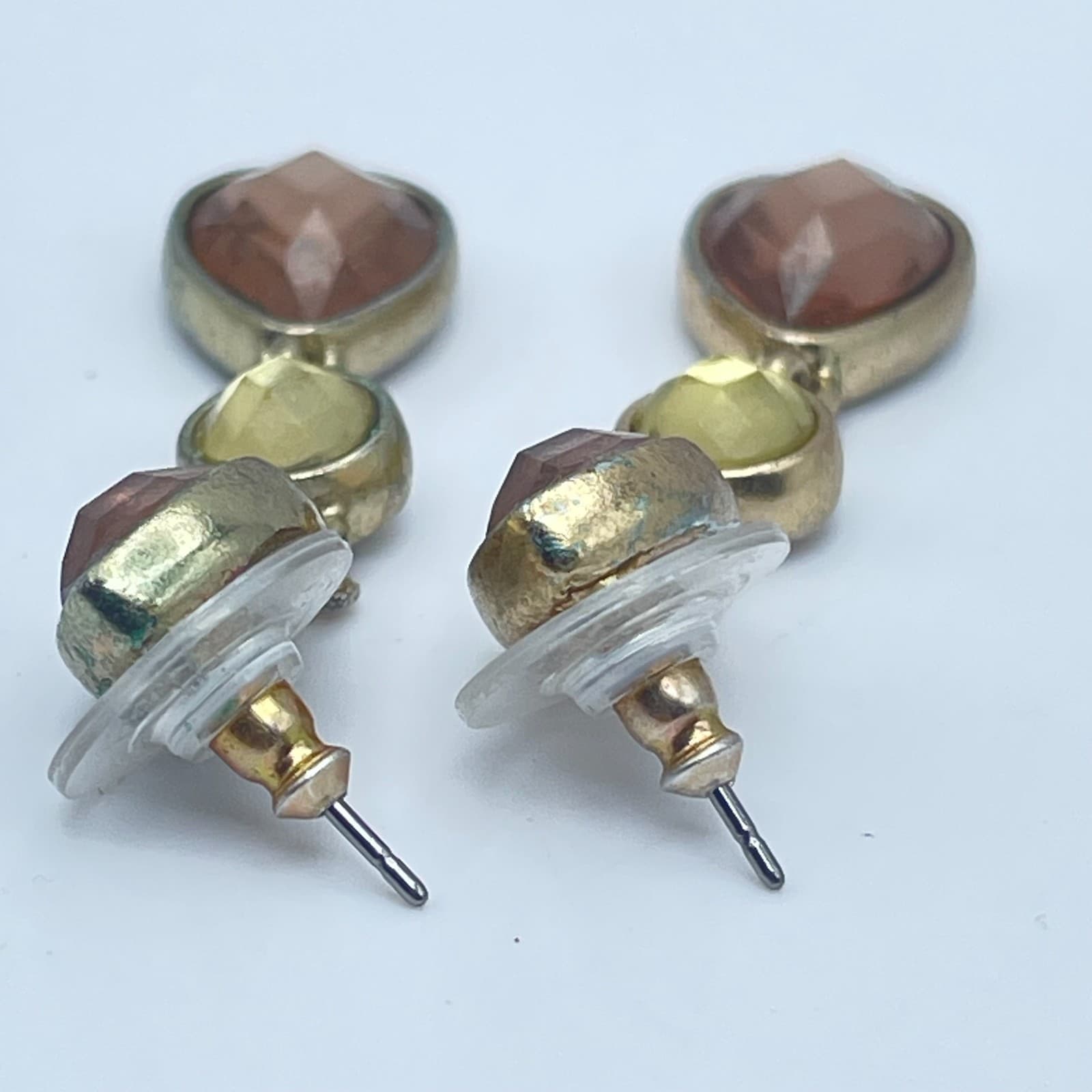 Vintage Y2K Amber Yellow Faceted Glass Gold Tone Dangle Earrings Jewelry - Thumbnail 8