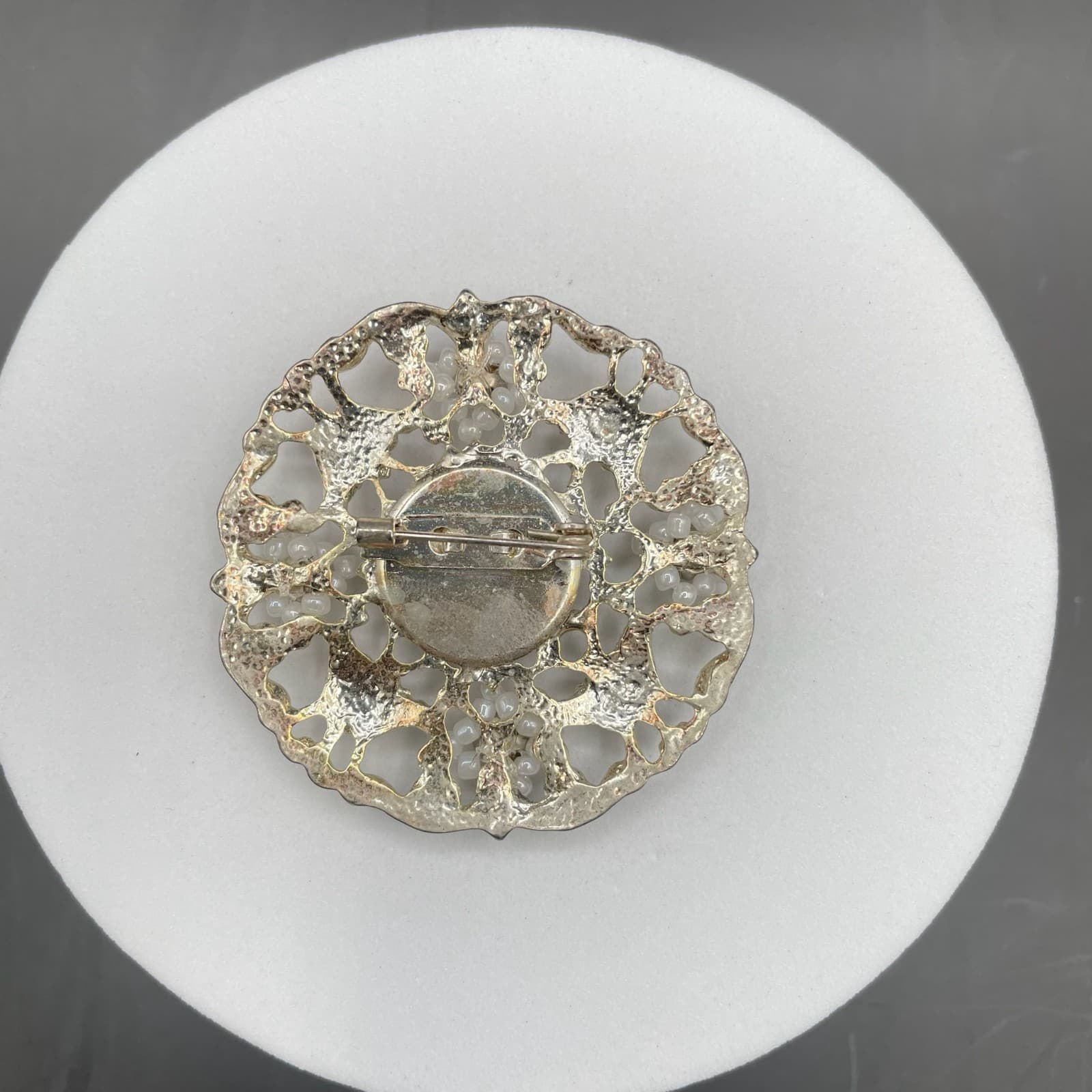 Vintage Silver Filigree Brooch w/ Rhinestones & Beaded Floral Accents - Thumbnail 5