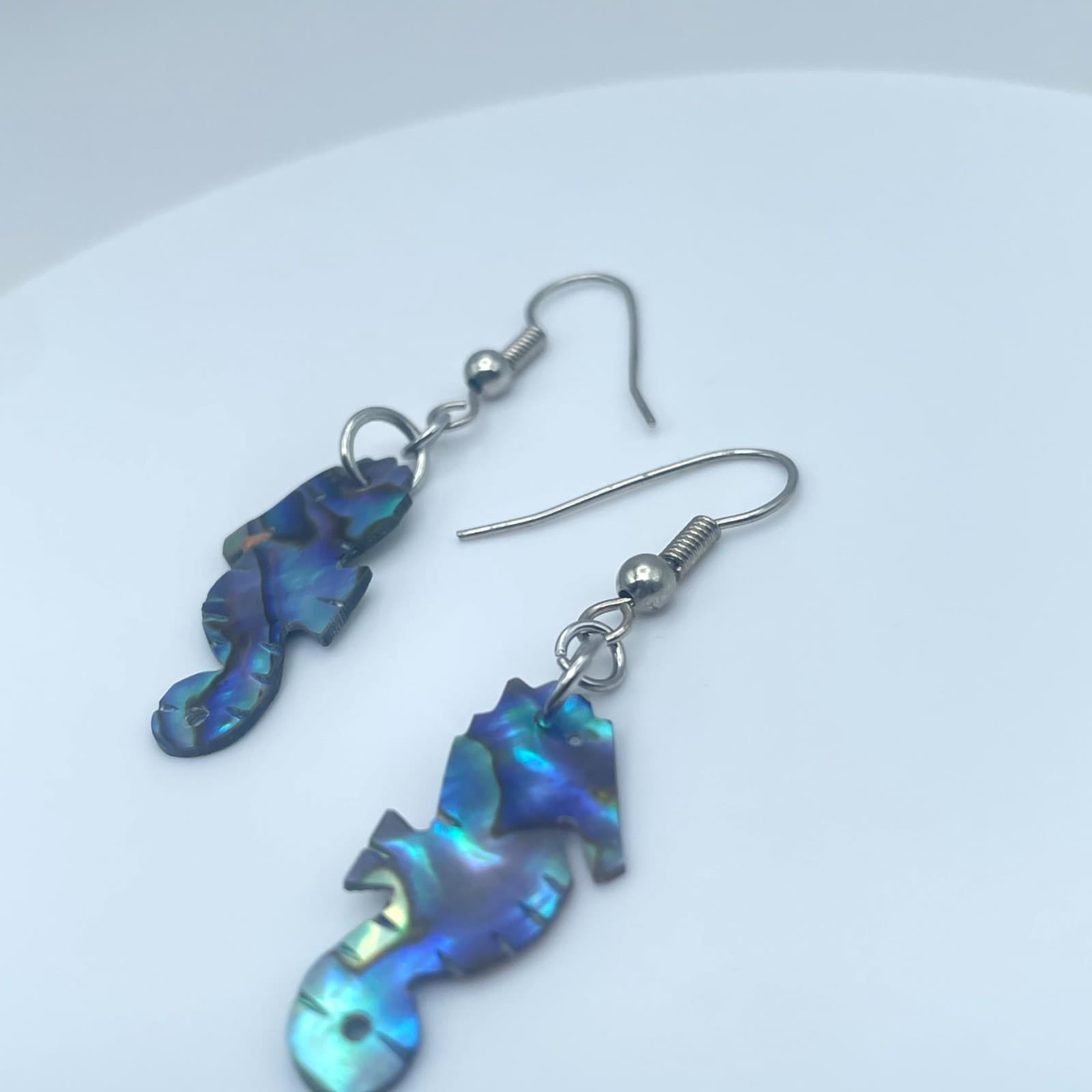 Beauty Silver-Tone Iridescent Abalone Shell Seahorse Drop French Hook Earrings - Thumbnail 7