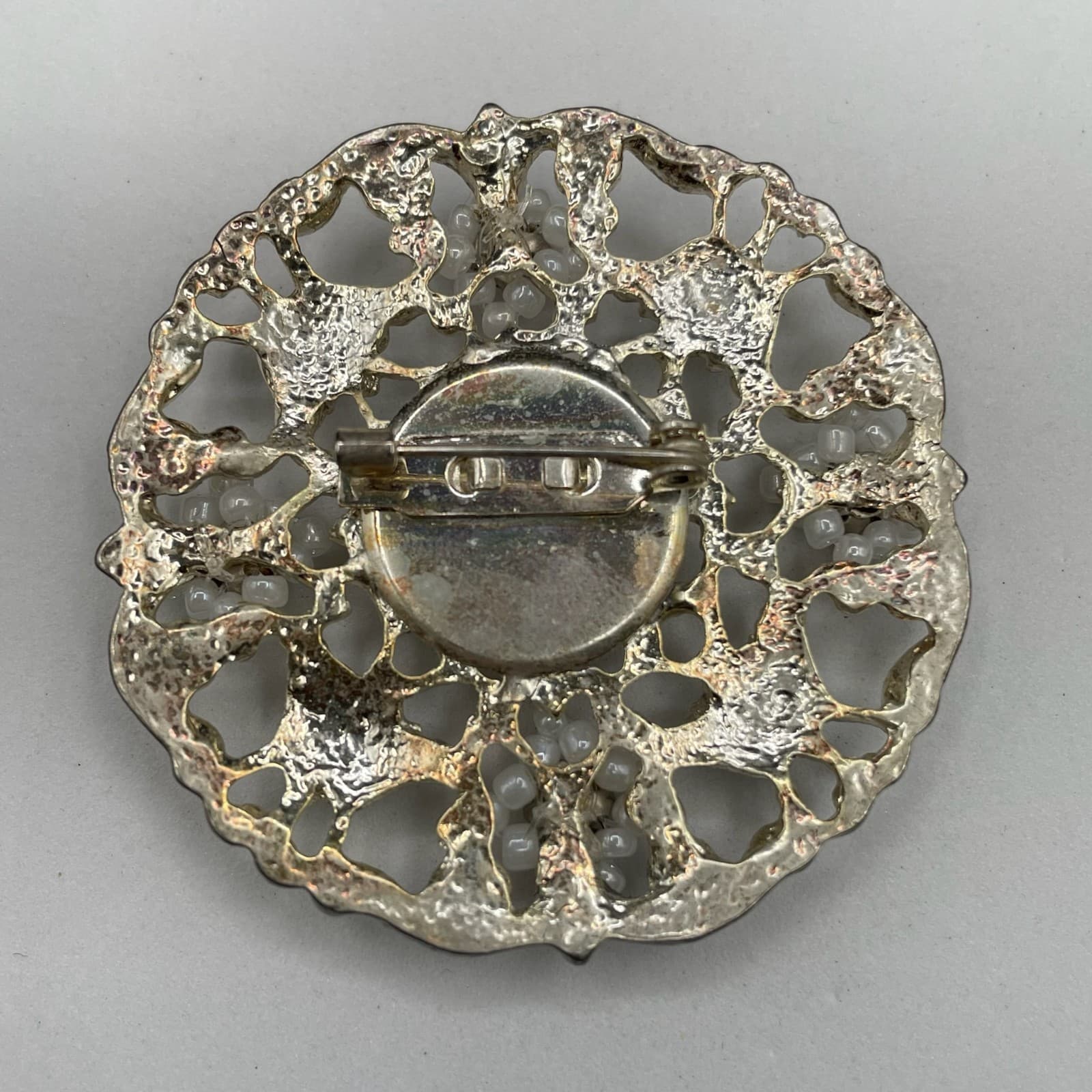 Vintage Silver Filigree Brooch w/ Rhinestones & Beaded Floral Accents - Thumbnail 6