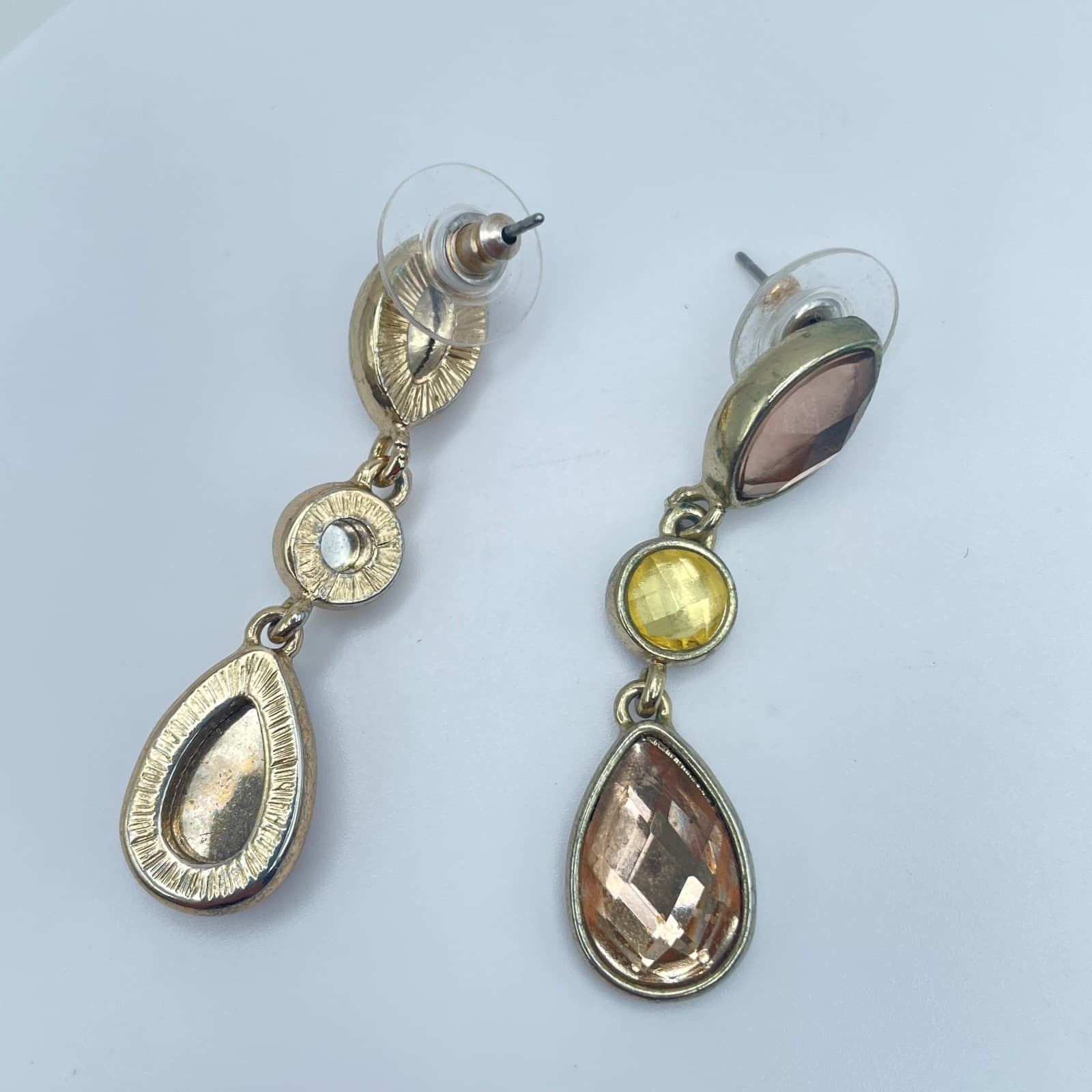 Vintage Y2K Amber Yellow Faceted Glass Gold Tone Dangle Earrings Jewelry - Thumbnail 2