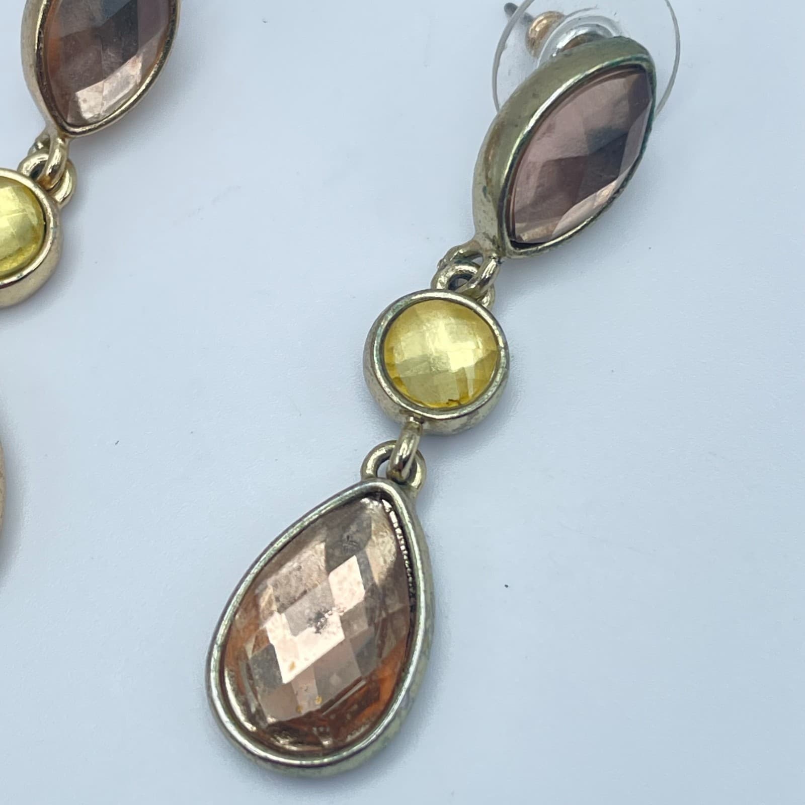 Vintage Y2K Amber Yellow Faceted Glass Gold Tone Dangle Earrings Jewelry - Thumbnail 5