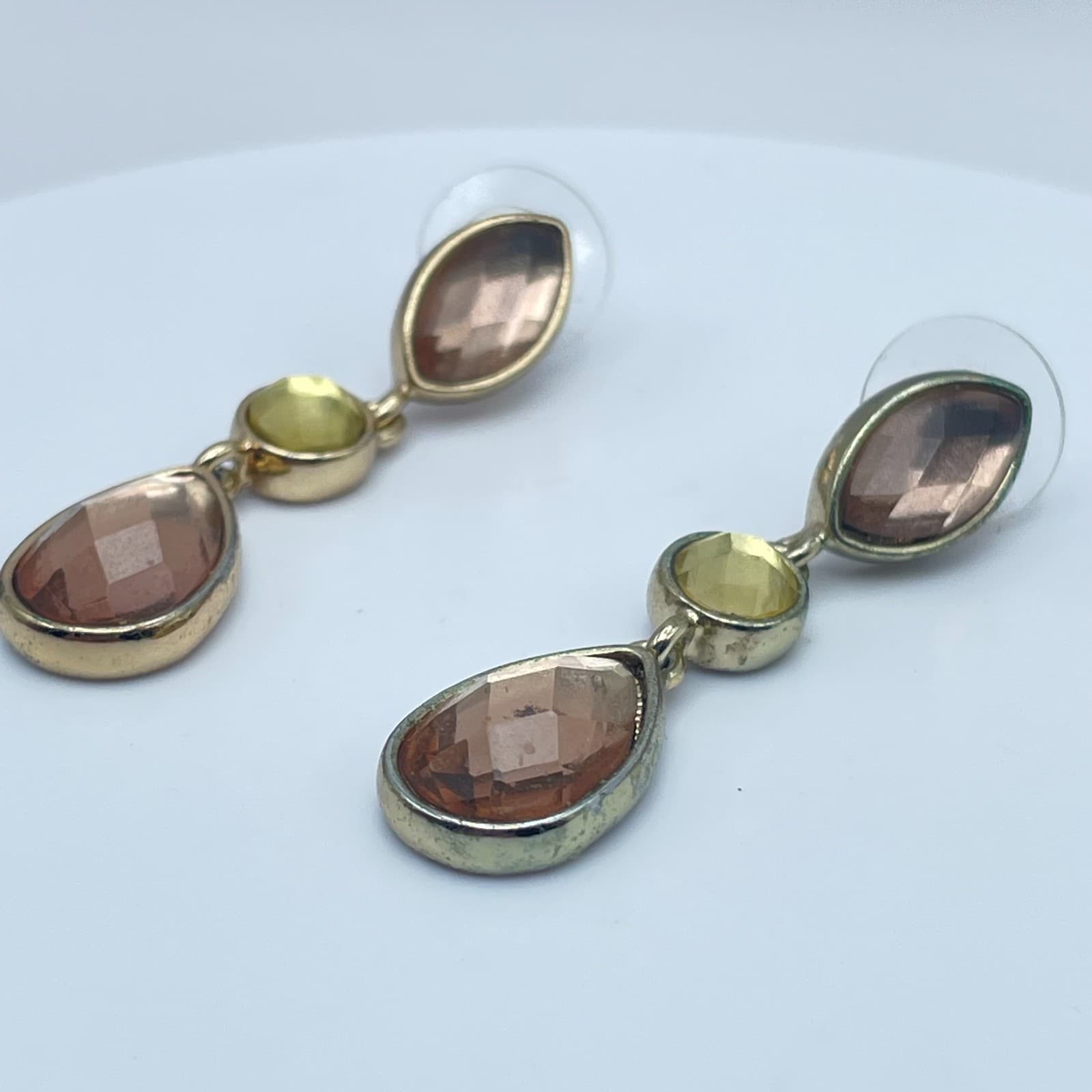 Vintage Y2K Amber Yellow Faceted Glass Gold Tone Dangle Earrings Jewelry - Thumbnail 4