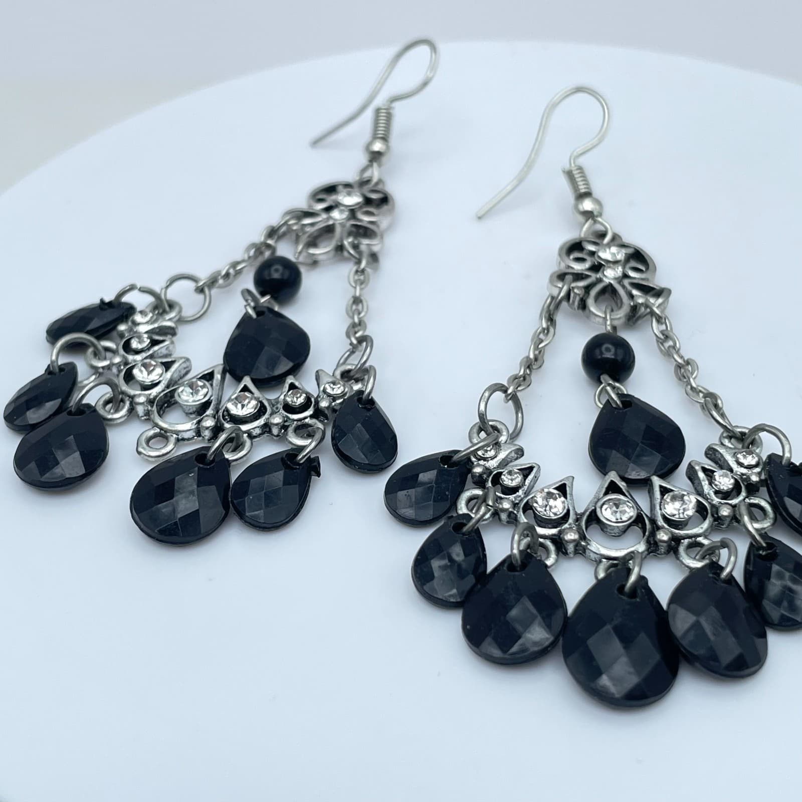 Vintage Y2K Silver Tone Chandelier Black Beaded & Rhinestones Dangle Earrings - Thumbnail 2