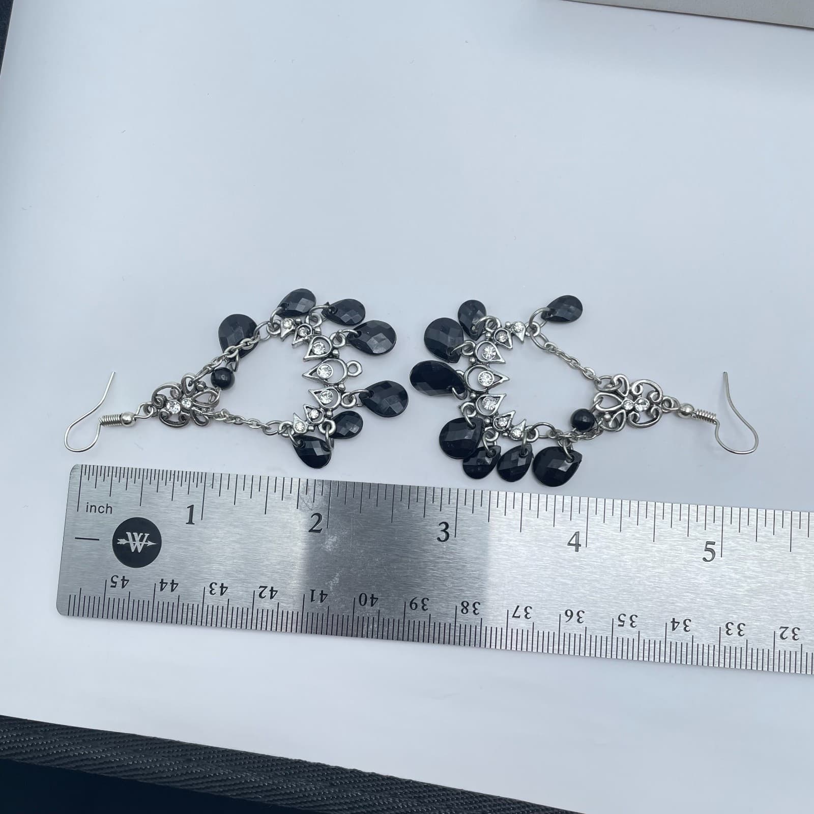 Vintage Y2K Silver Tone Chandelier Black Beaded & Rhinestones Dangle Earrings - Thumbnail 7