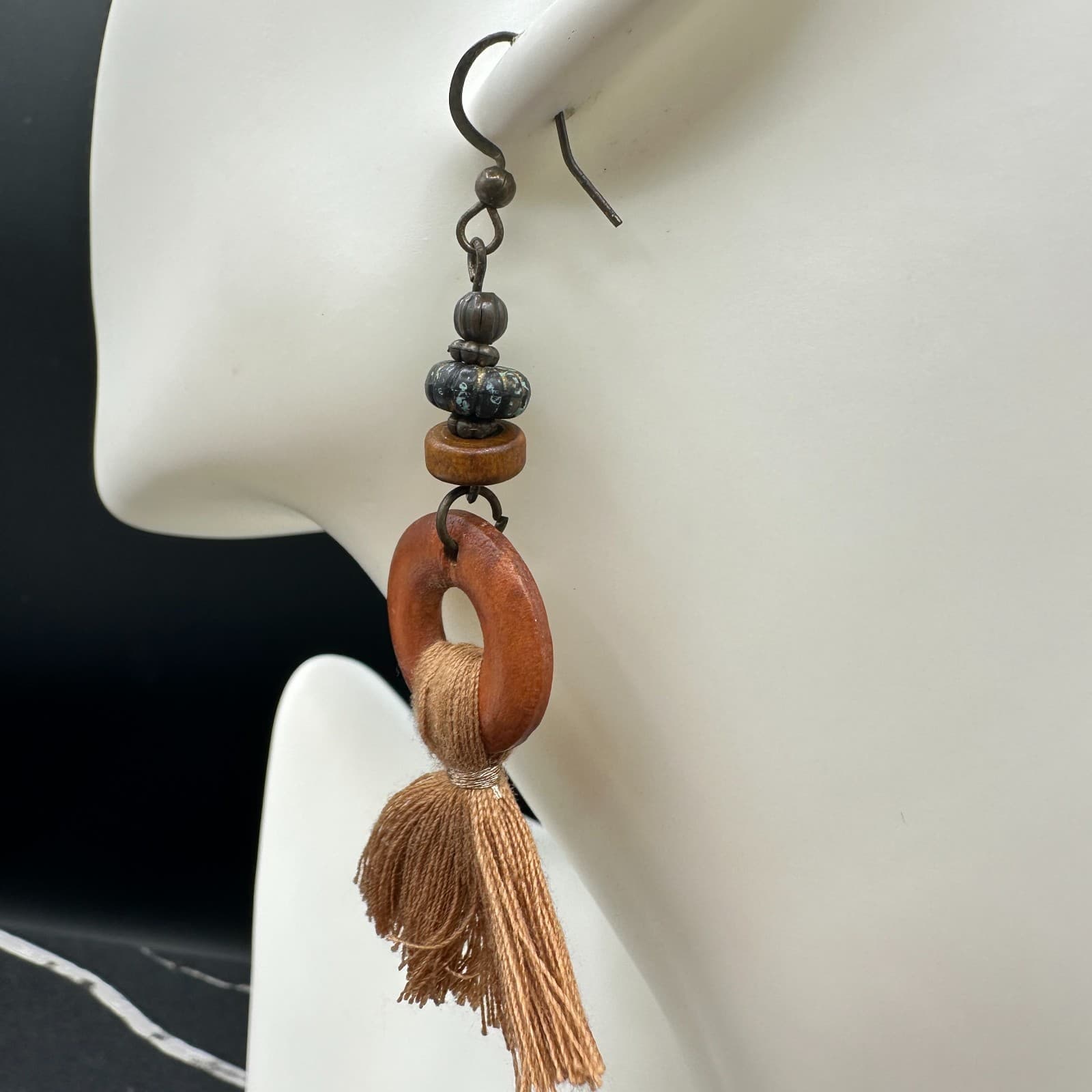 Vintage Handmade Women's Brown Tribal Wood Boho Tassel Dangle/Drop Earrings - Thumbnail 8