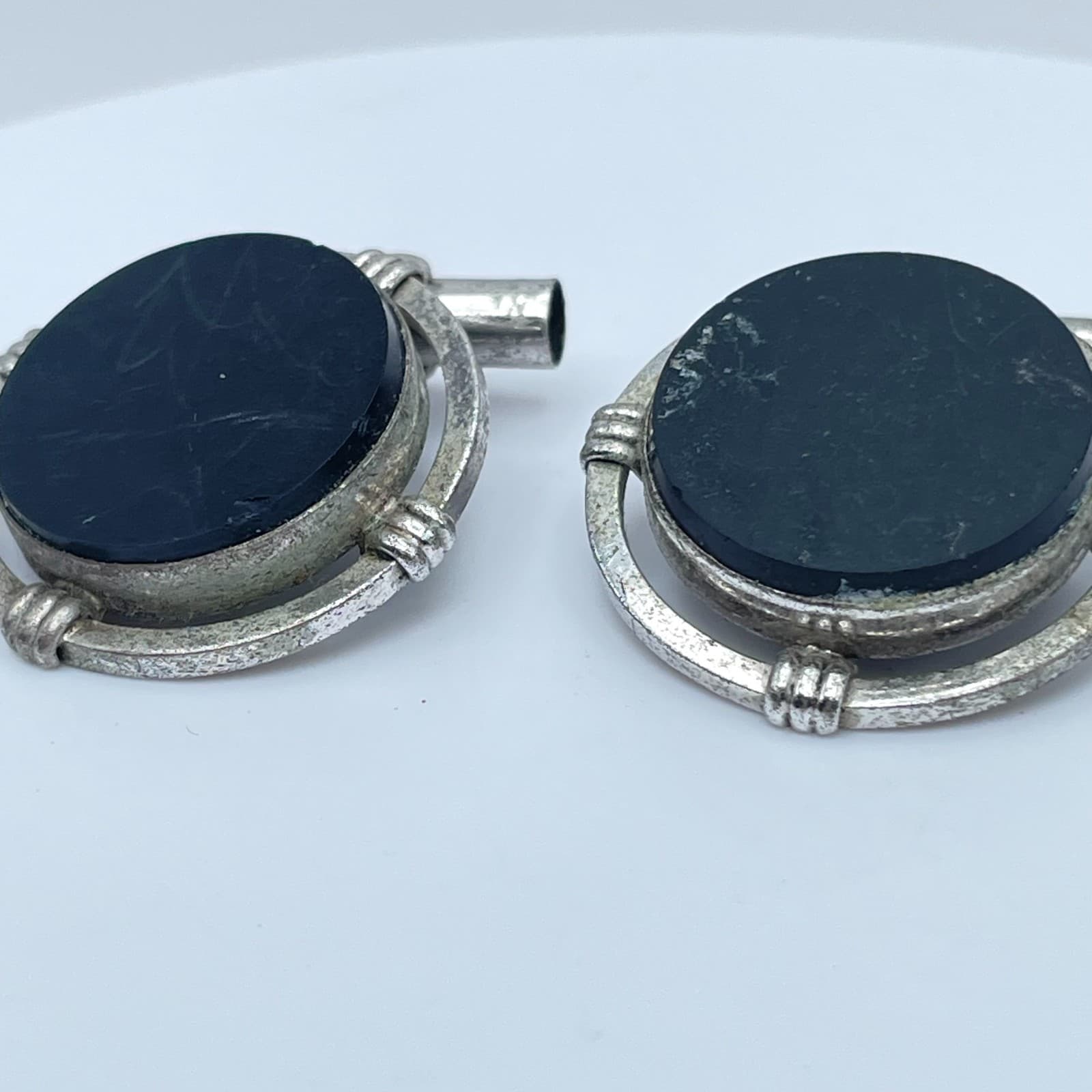 Vintage 80s Black Onyx Cufflinks Silver Tone Round Art Deco Swivel Jewelry - Thumbnail 2
