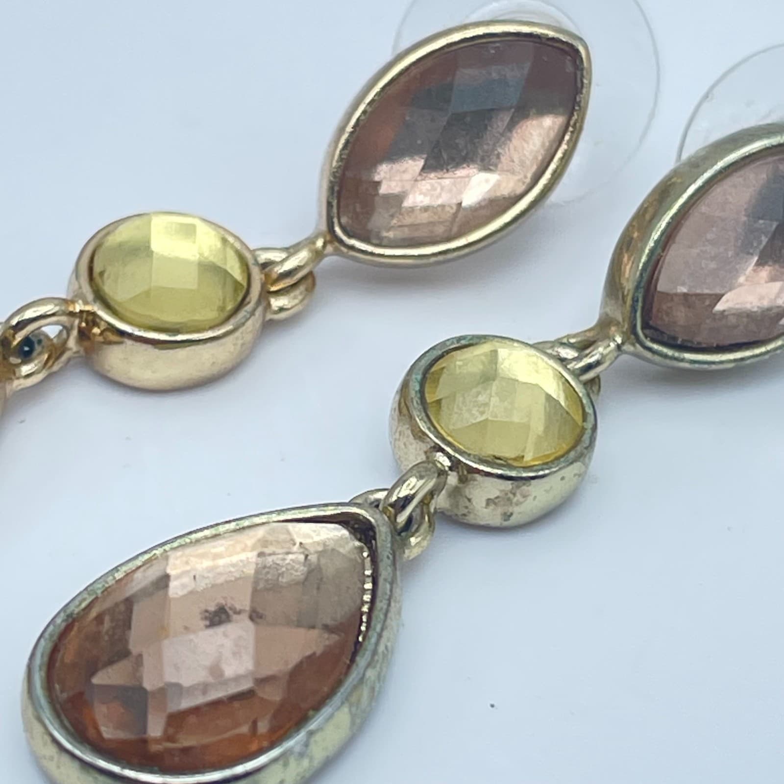 Vintage Y2K Amber Yellow Faceted Glass Gold Tone Dangle Earrings Jewelry - Thumbnail 6