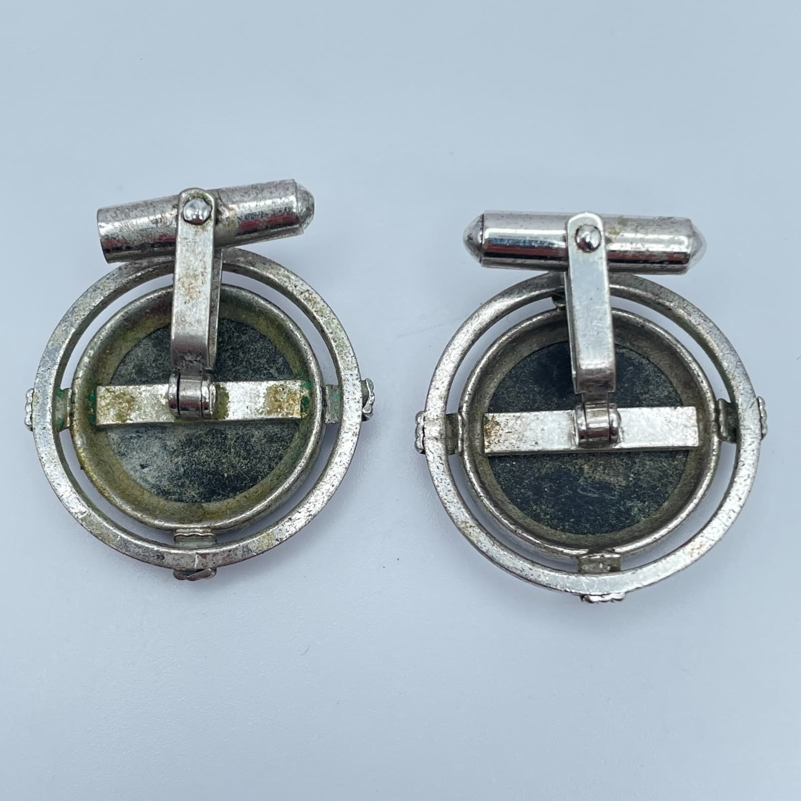 Vintage 80s Black Onyx Cufflinks Silver Tone Round Art Deco Swivel Jewelry - Thumbnail 7