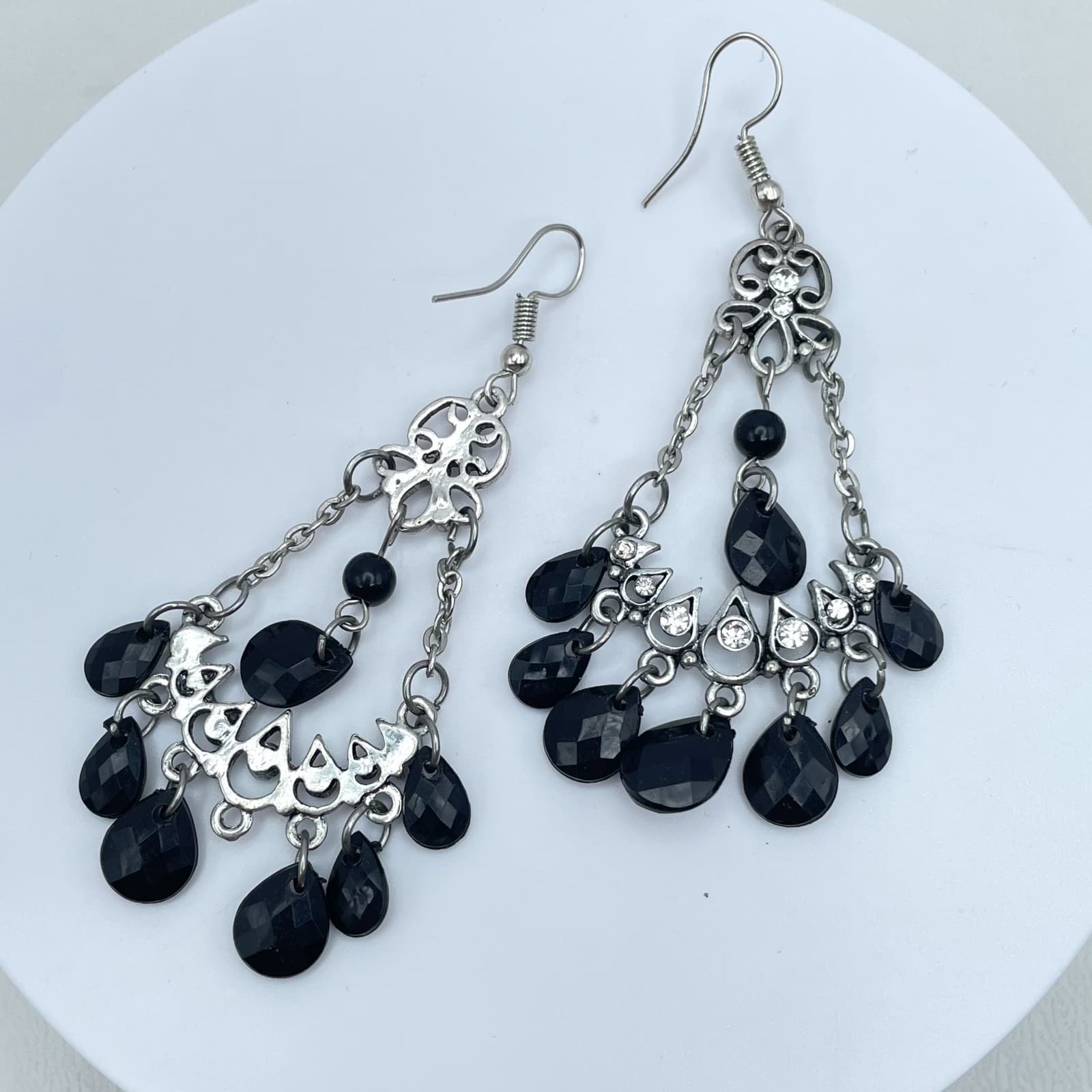 Vintage Y2K Silver Tone Chandelier Black Beaded & Rhinestones Dangle Earrings - Thumbnail 6