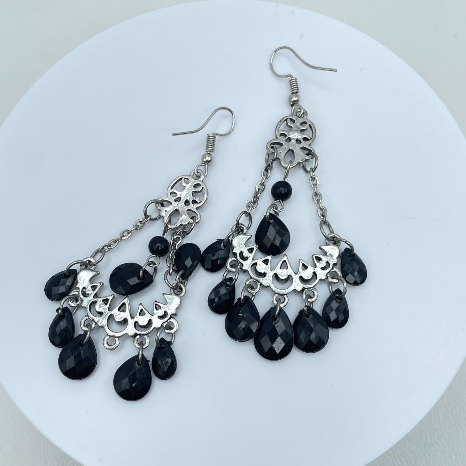 Vintage Y2K Silver Tone Chandelier Black Beaded & Rhinestones Dangle Earrings - Thumbnail 5