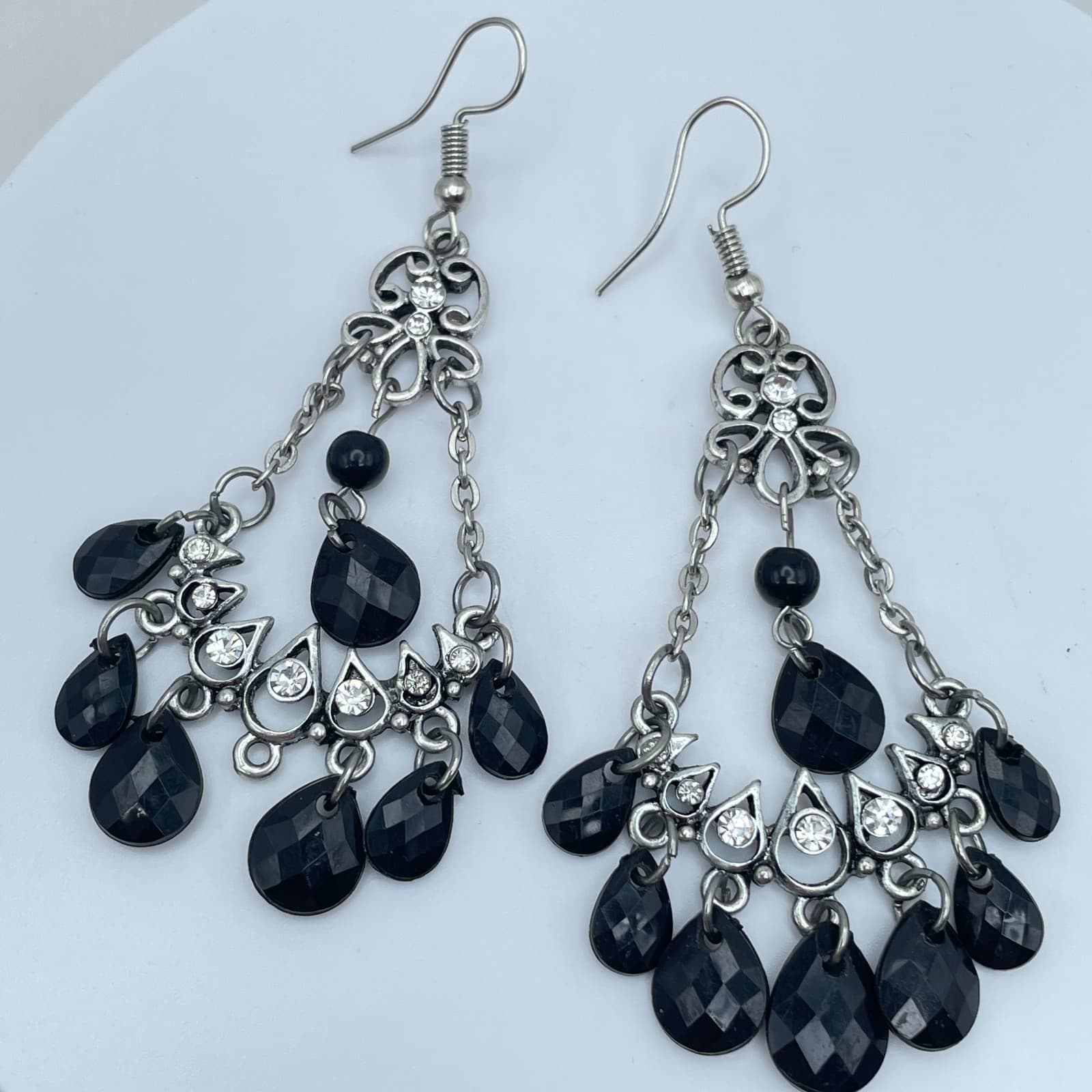 Vintage Y2K Silver Tone Chandelier Black Beaded & Rhinestones Dangle Earrings - Image 1