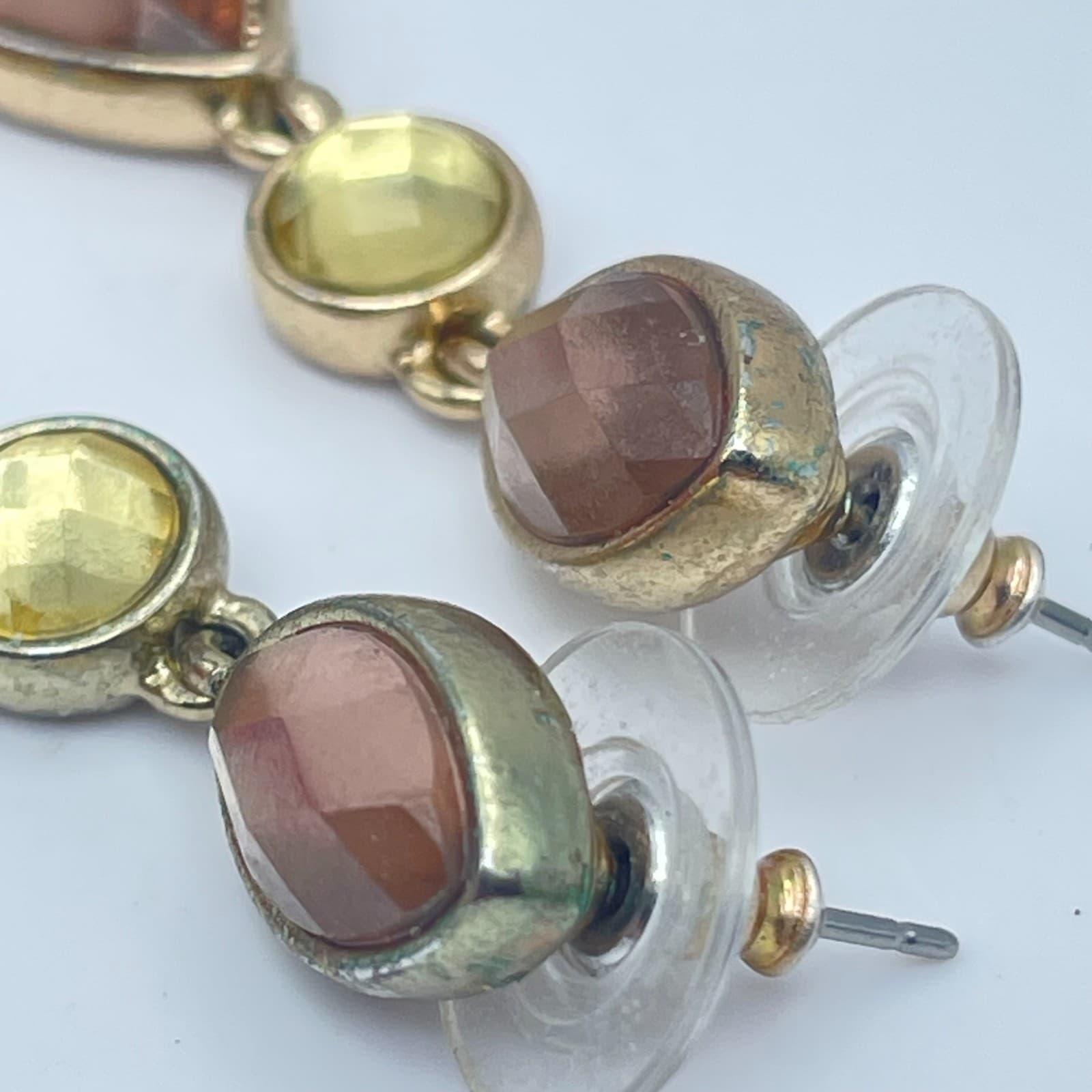 Vintage Y2K Amber Yellow Faceted Glass Gold Tone Dangle Earrings Jewelry - Thumbnail 7