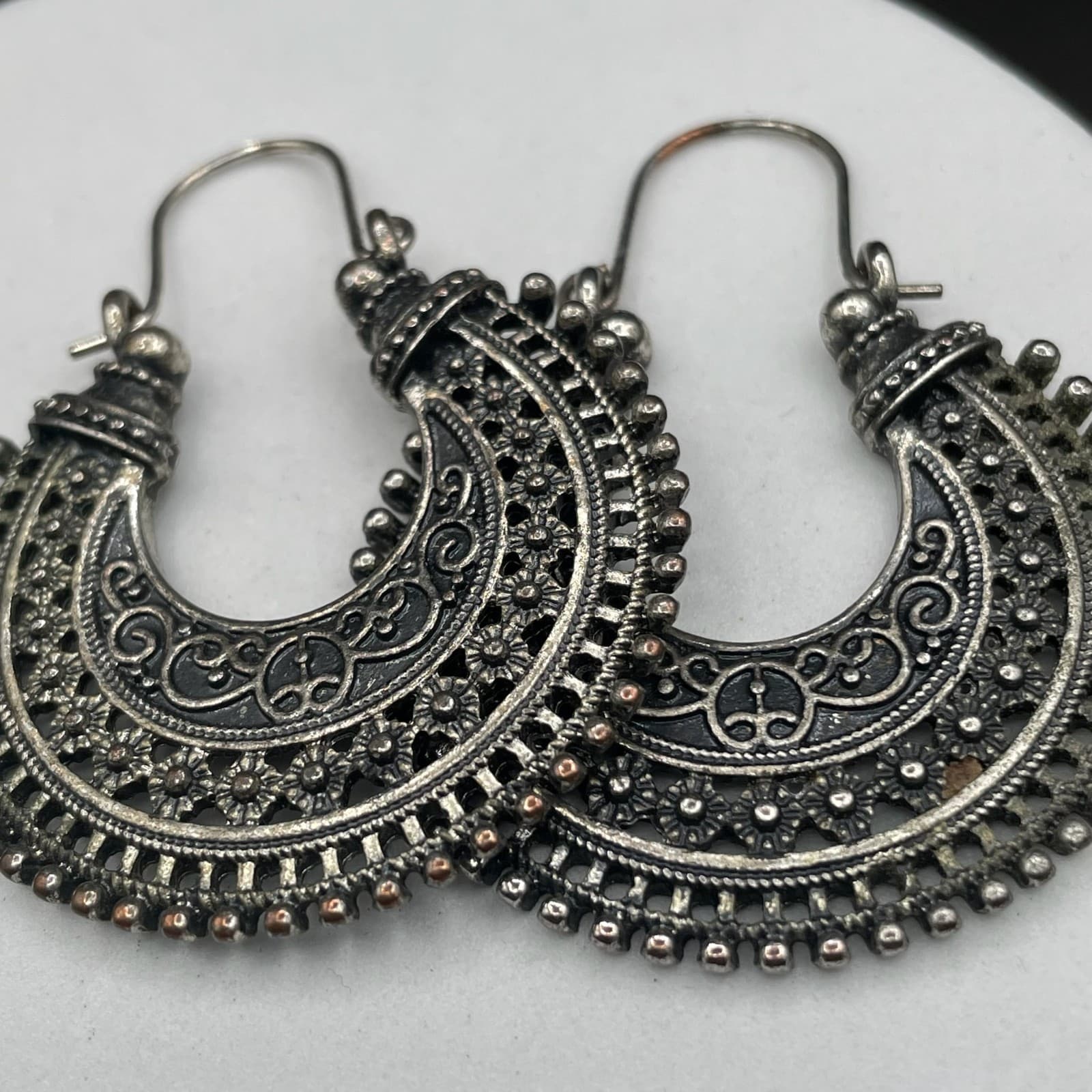 Boho Tribal Silver-Tone Crescent Earrings - Thumbnail 4