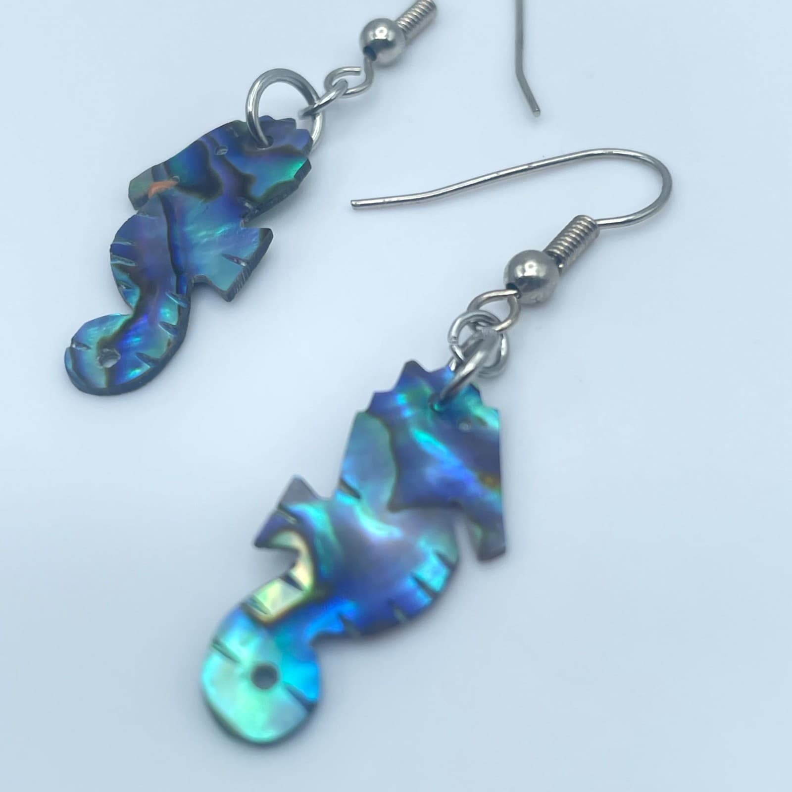 Beauty Silver-Tone Iridescent Abalone Shell Seahorse Drop French Hook Earrings - Thumbnail 10
