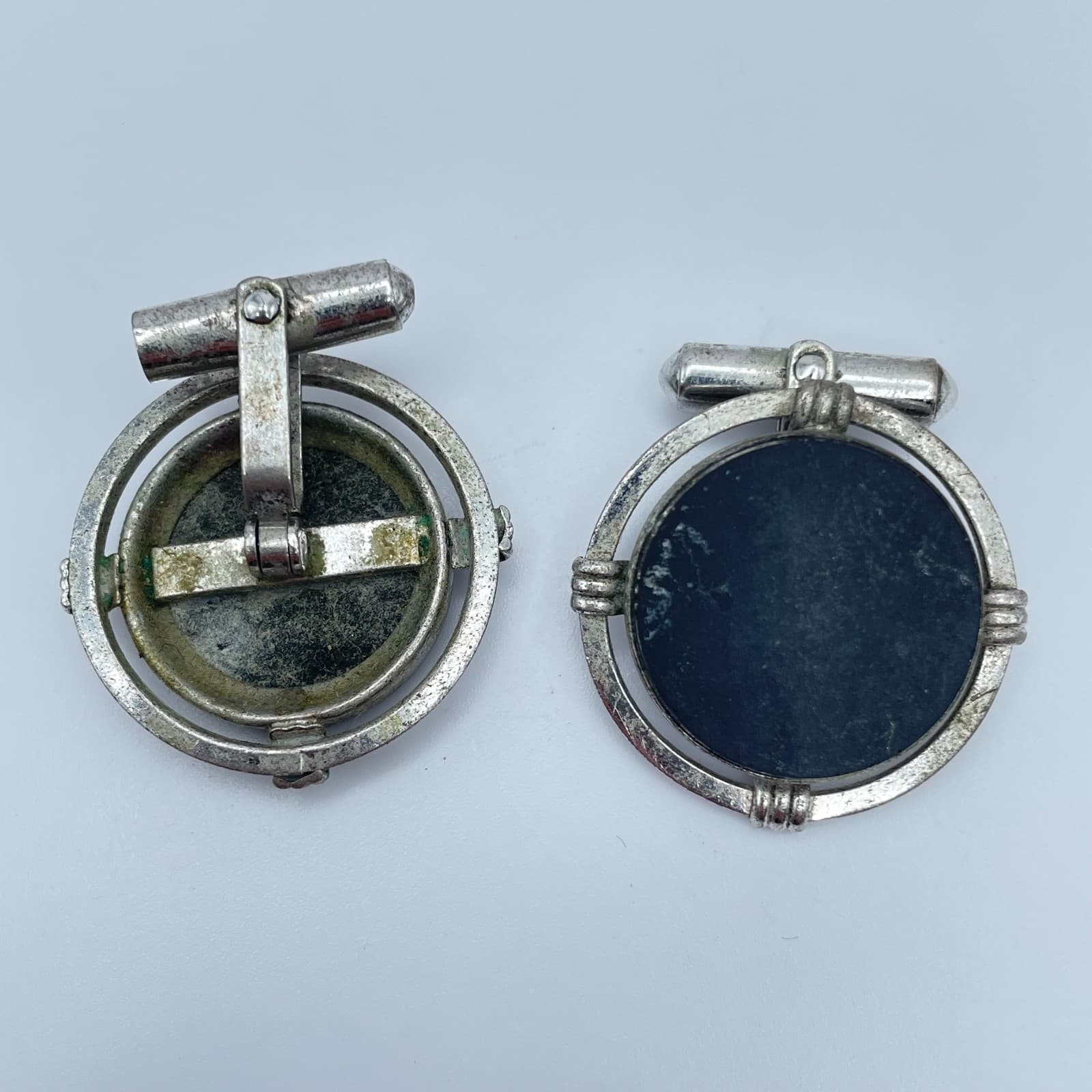 Vintage 80s Black Onyx Cufflinks Silver Tone Round Art Deco Swivel Jewelry - Thumbnail 6