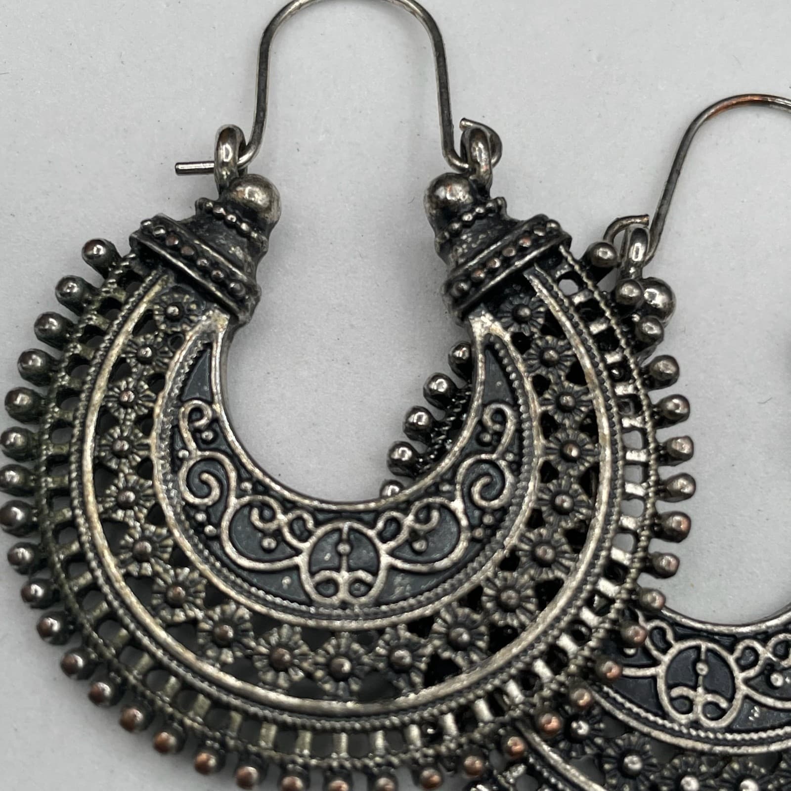 Boho Tribal Silver-Tone Crescent Earrings - Thumbnail 3
