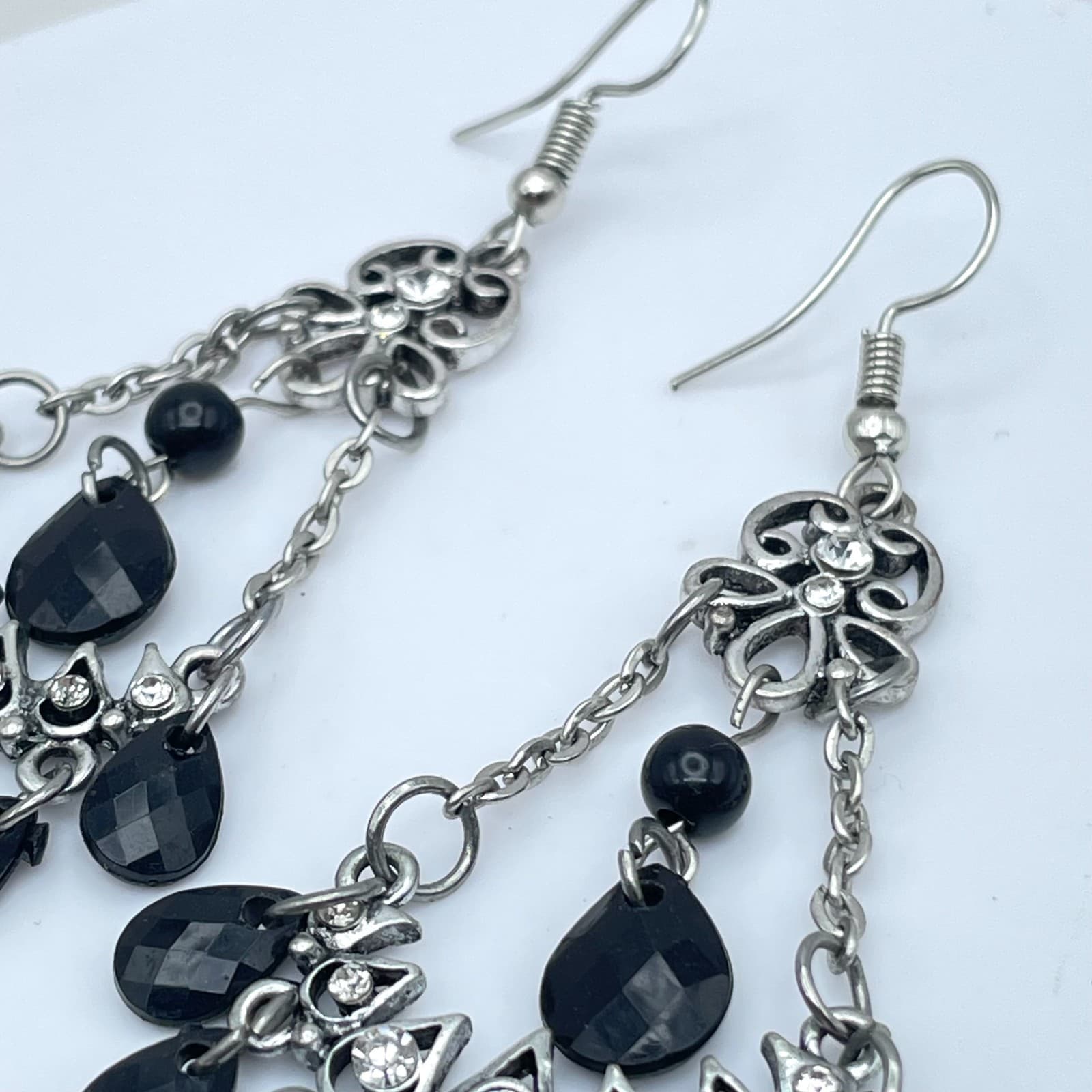 Vintage Y2K Silver Tone Chandelier Black Beaded & Rhinestones Dangle Earrings - Thumbnail 4