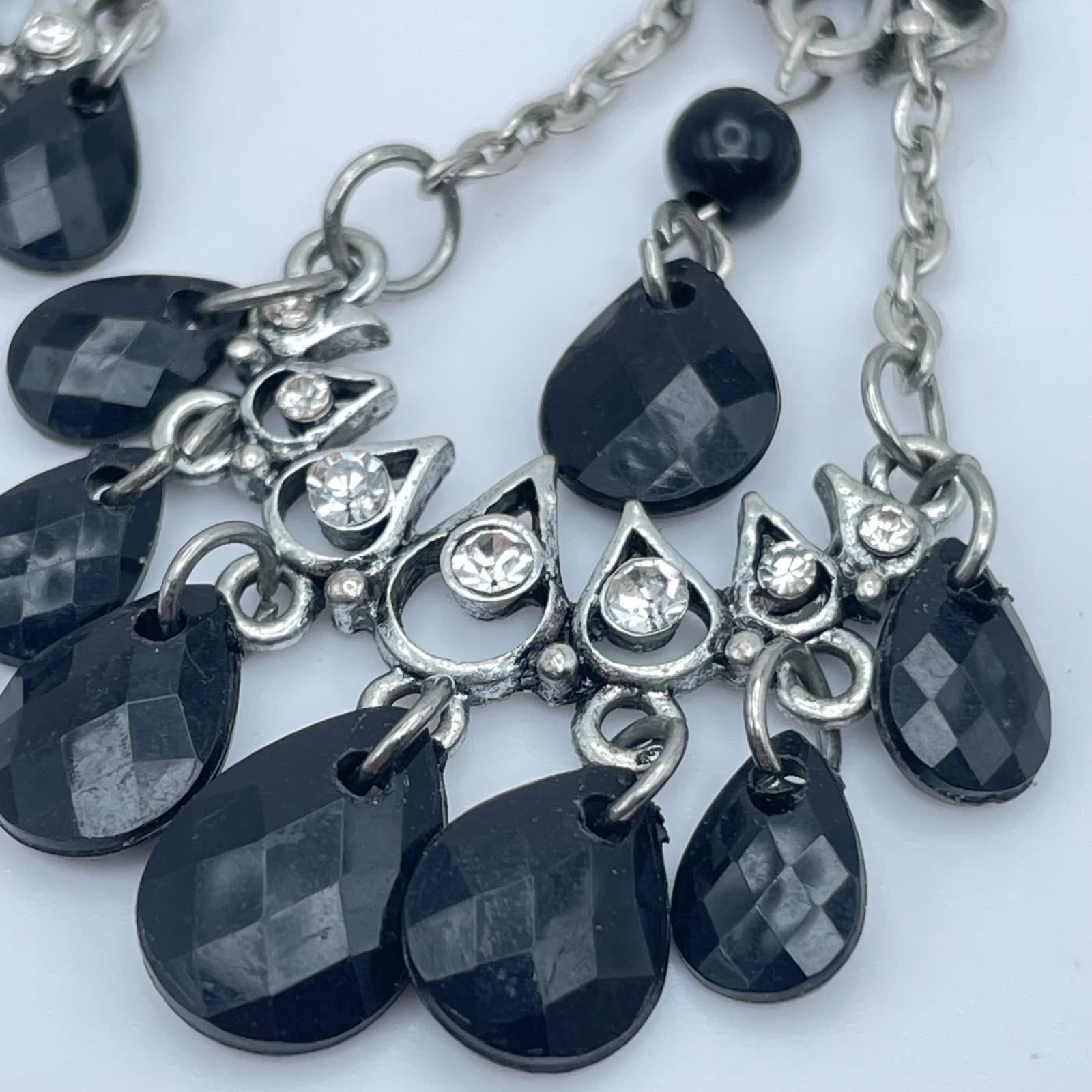 Vintage Y2K Silver Tone Chandelier Black Beaded & Rhinestones Dangle Earrings - Thumbnail 3