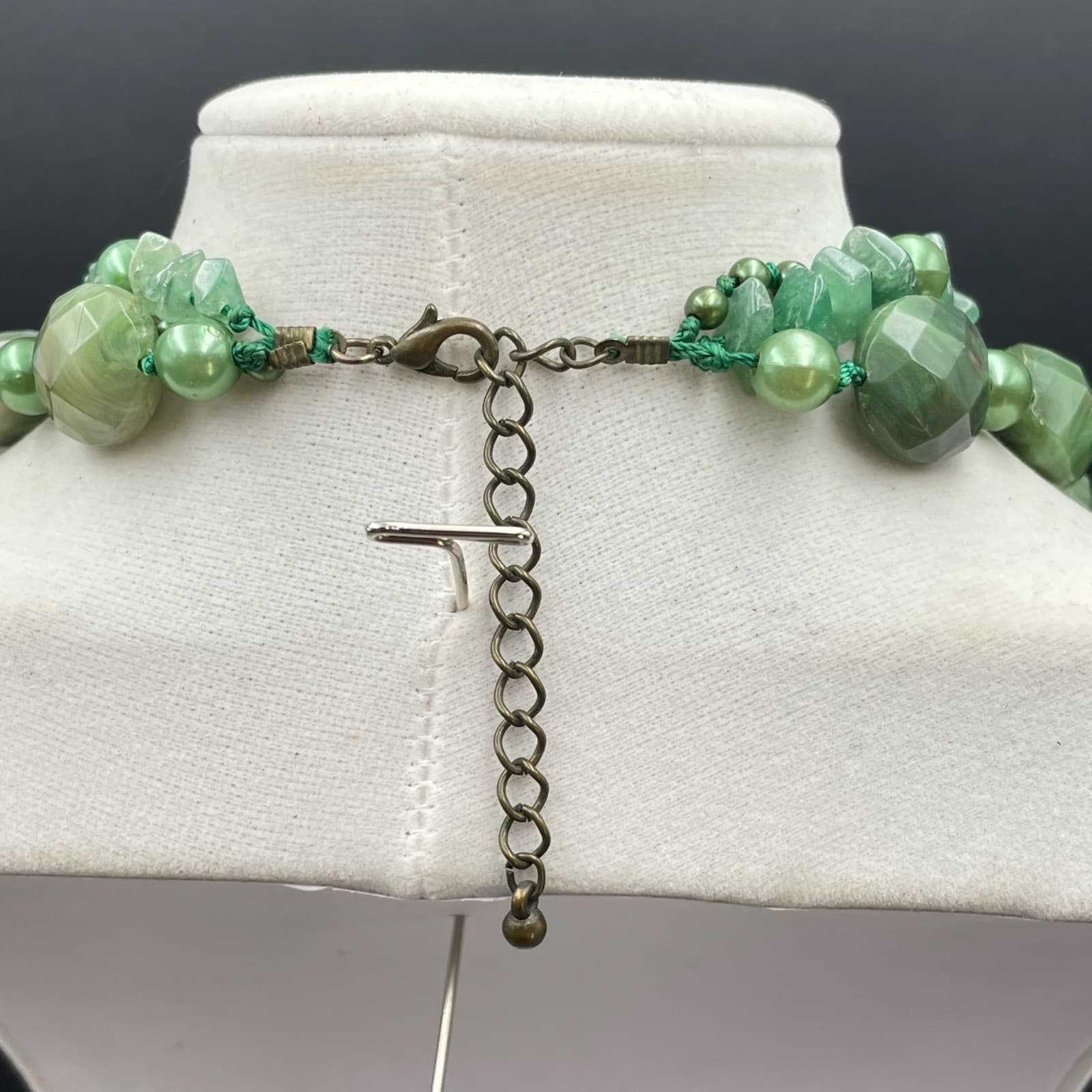 Vintage Green Faceted Green Agate Pearls Beaded Multi-Stranded Lobster Necklace - Thumbnail 6