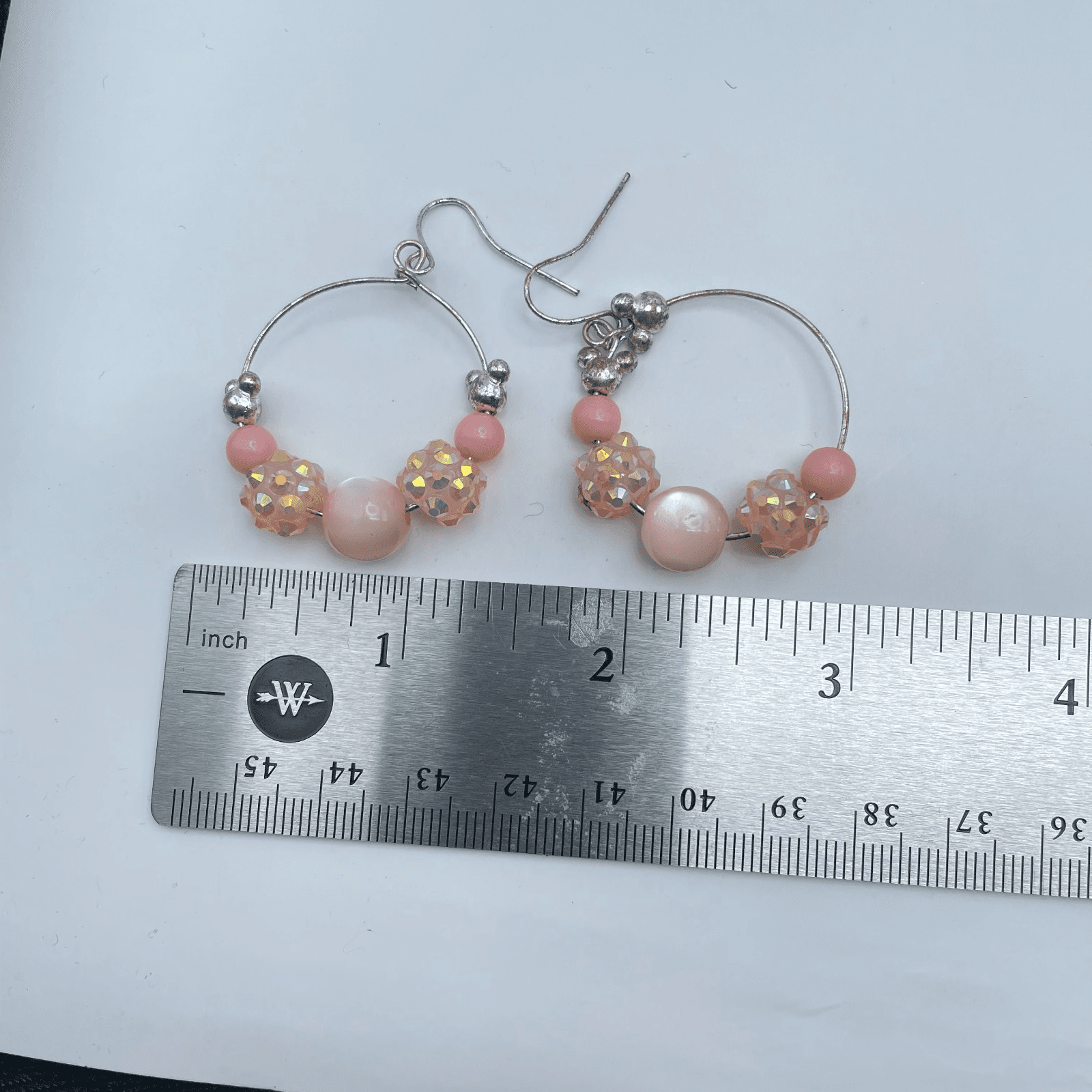 Vintage 90s Pink Iridescent Beaded Silver Tone Hoop Earrings Women's Jewelry - Thumbnail 7