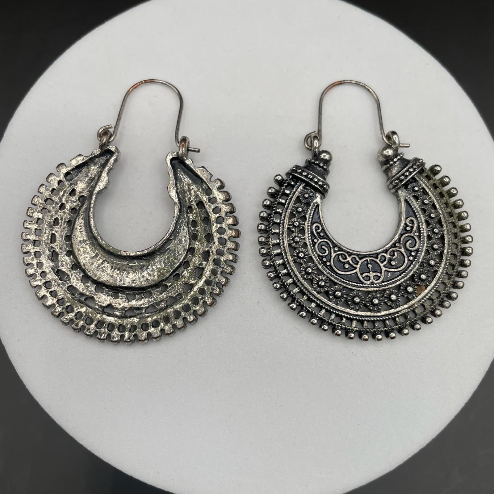 Boho Tribal Silver-Tone Crescent Earrings - Thumbnail 2