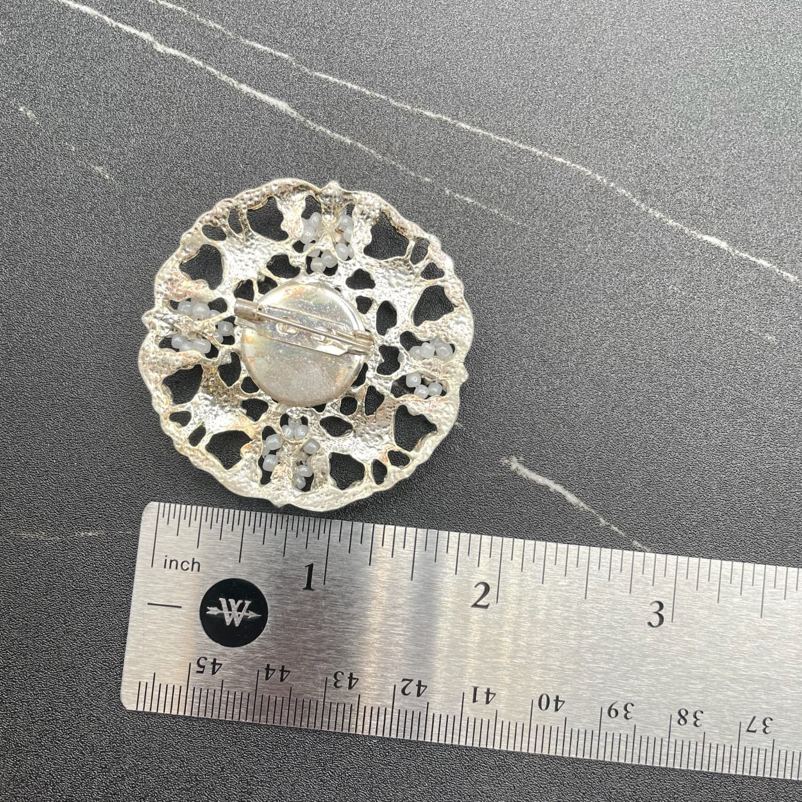 Vintage Silver Filigree Brooch w/ Rhinestones & Beaded Floral Accents - Thumbnail 8