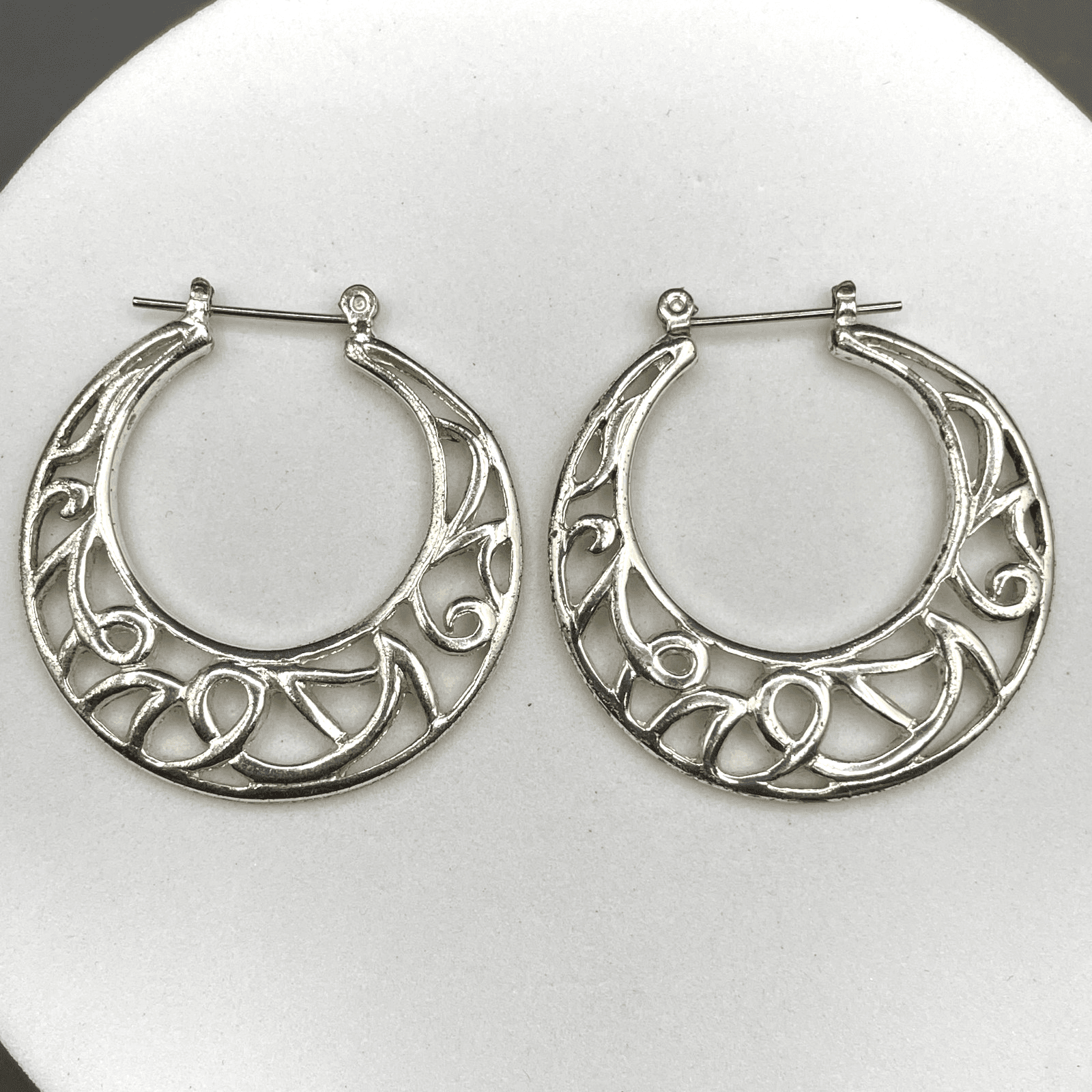 Silver Tone Filigree Hoop Earrings Boho Cutout Crescent Style - Image 1