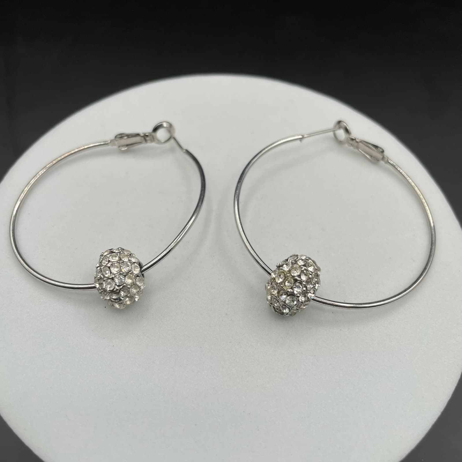 Rhinestone Pavé Bead Silver-Tone Hoop Earrings - Thumbnail 6