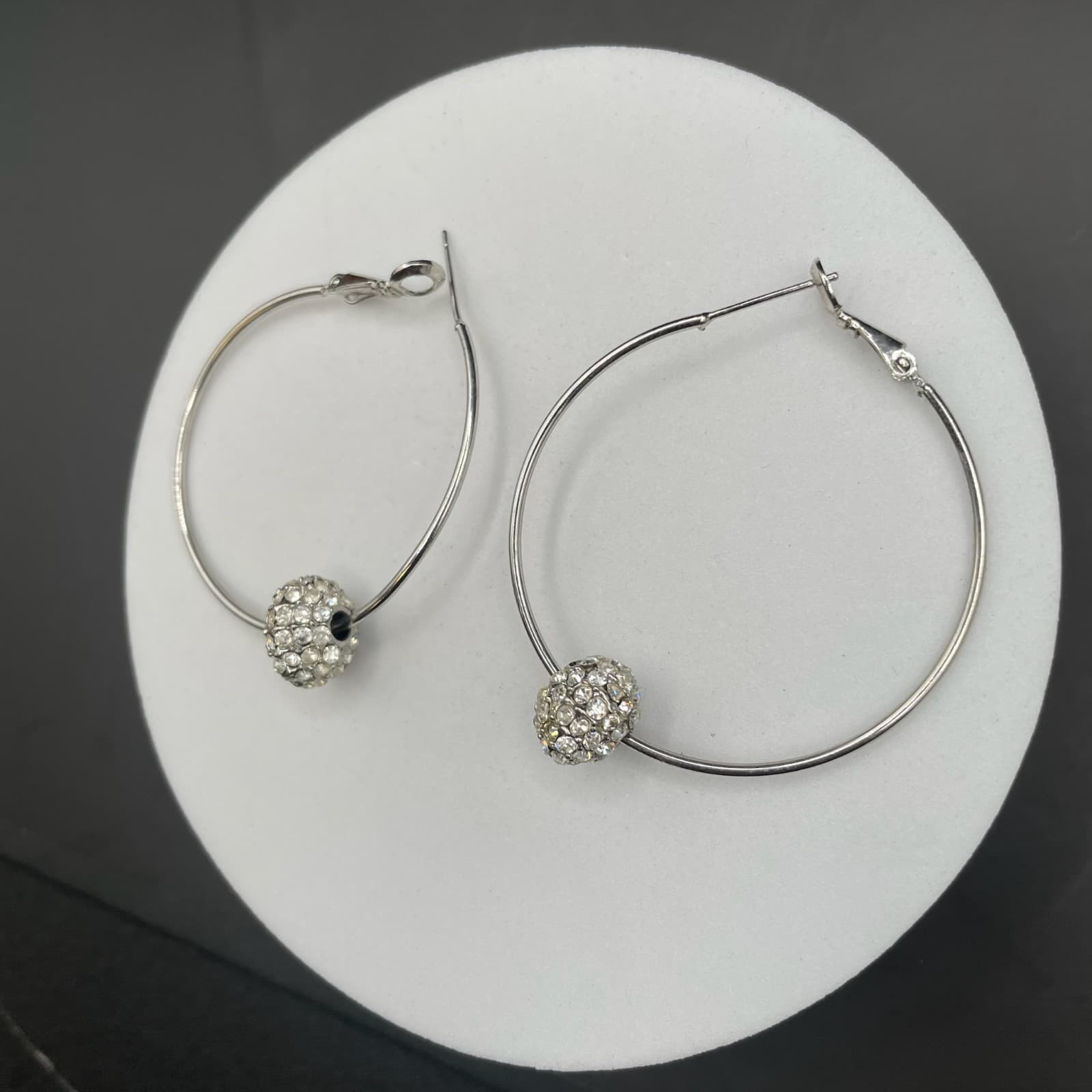 Rhinestone Pavé Bead Silver-Tone Hoop Earrings - Thumbnail 4