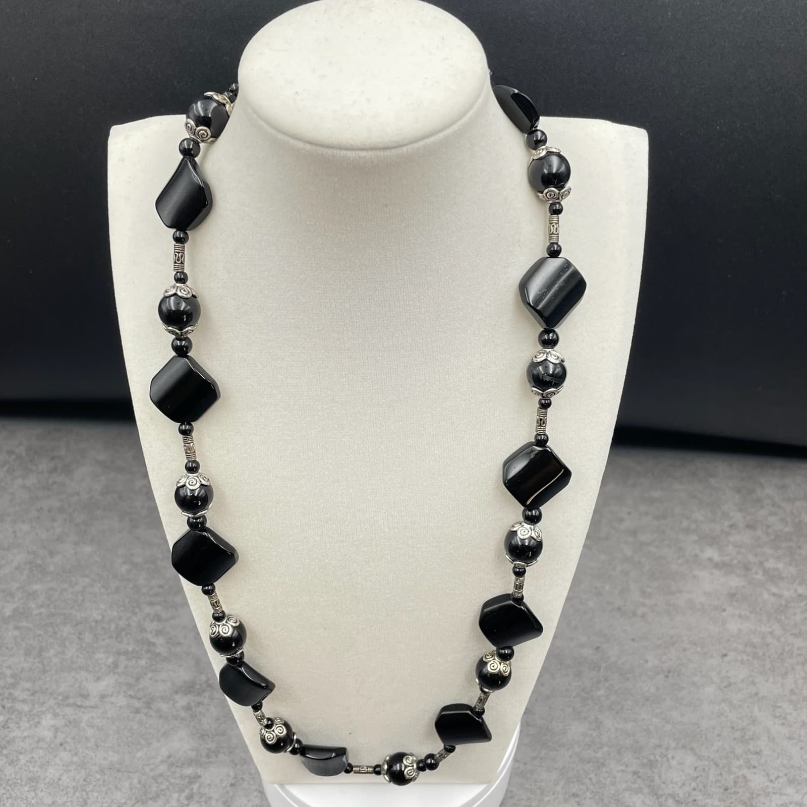 Vintage Silver-Tone Tribal Bohemian Black Onyx Beaded Station Statement Necklace - Thumbnail 2