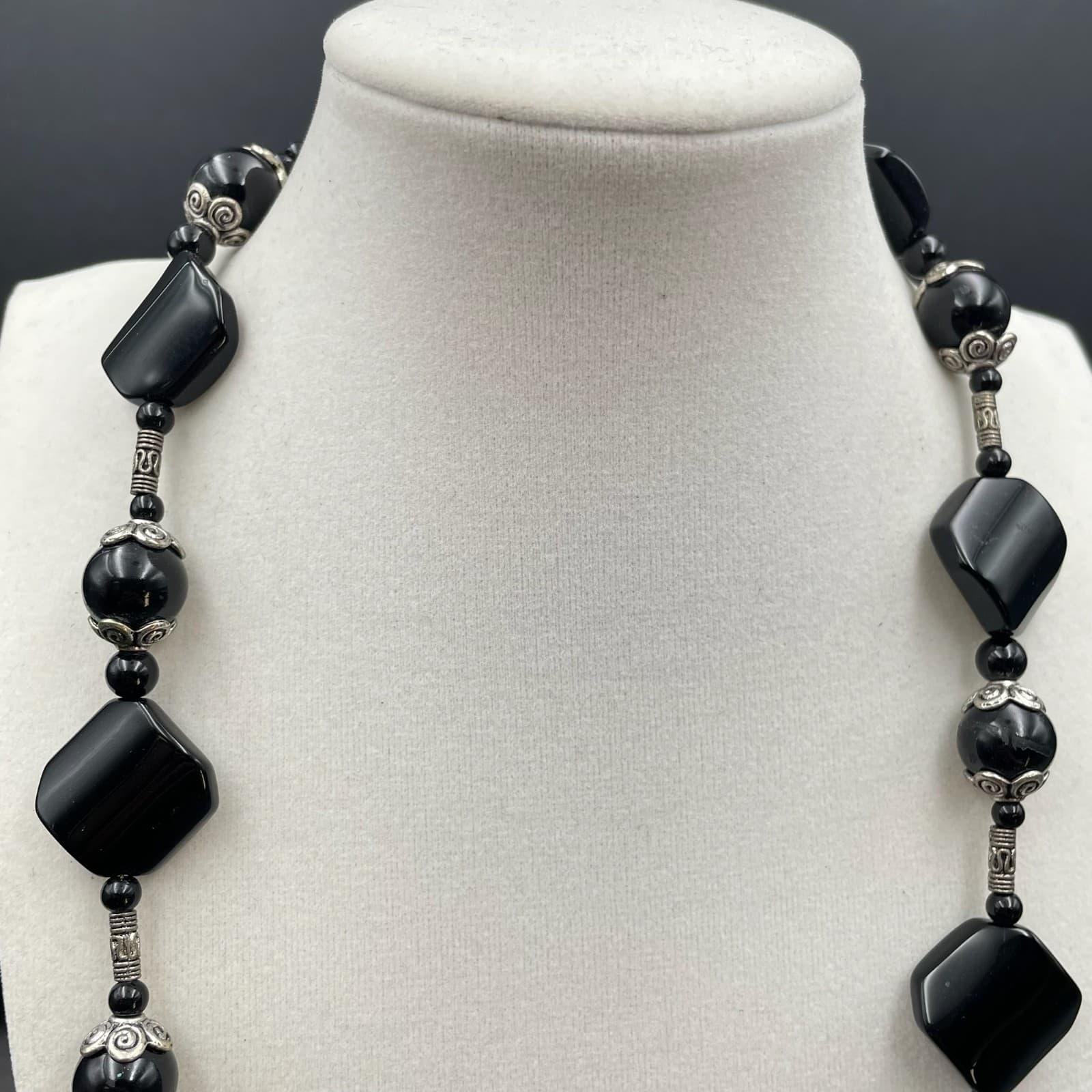 Vintage Silver-Tone Tribal Bohemian Black Onyx Beaded Station Statement Necklace - Thumbnail 3
