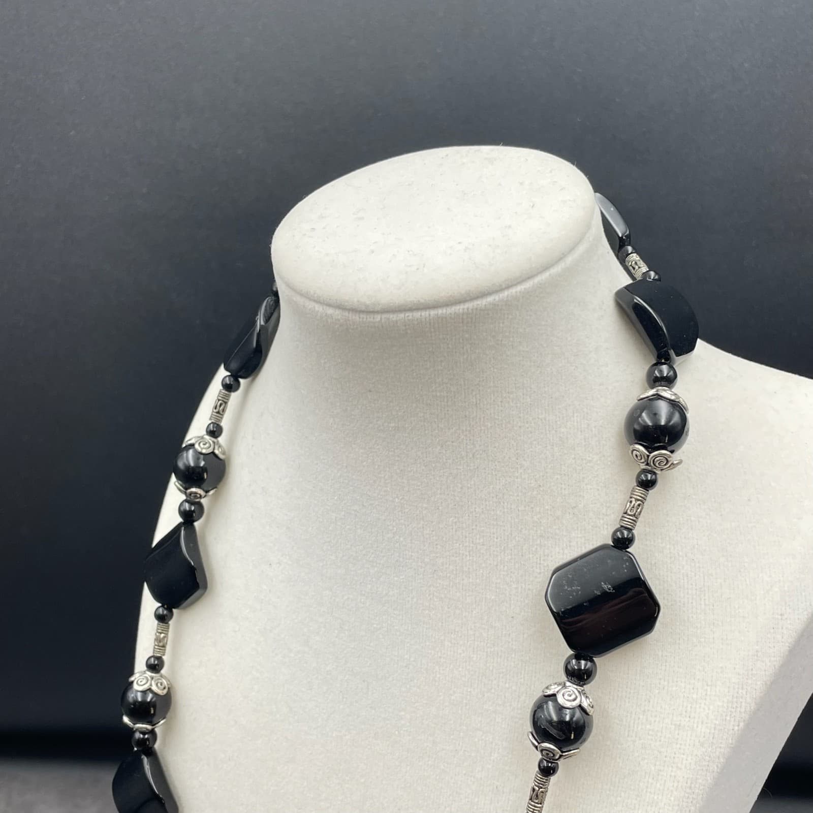 Vintage Silver-Tone Tribal Bohemian Black Onyx Beaded Station Statement Necklace - Thumbnail 7