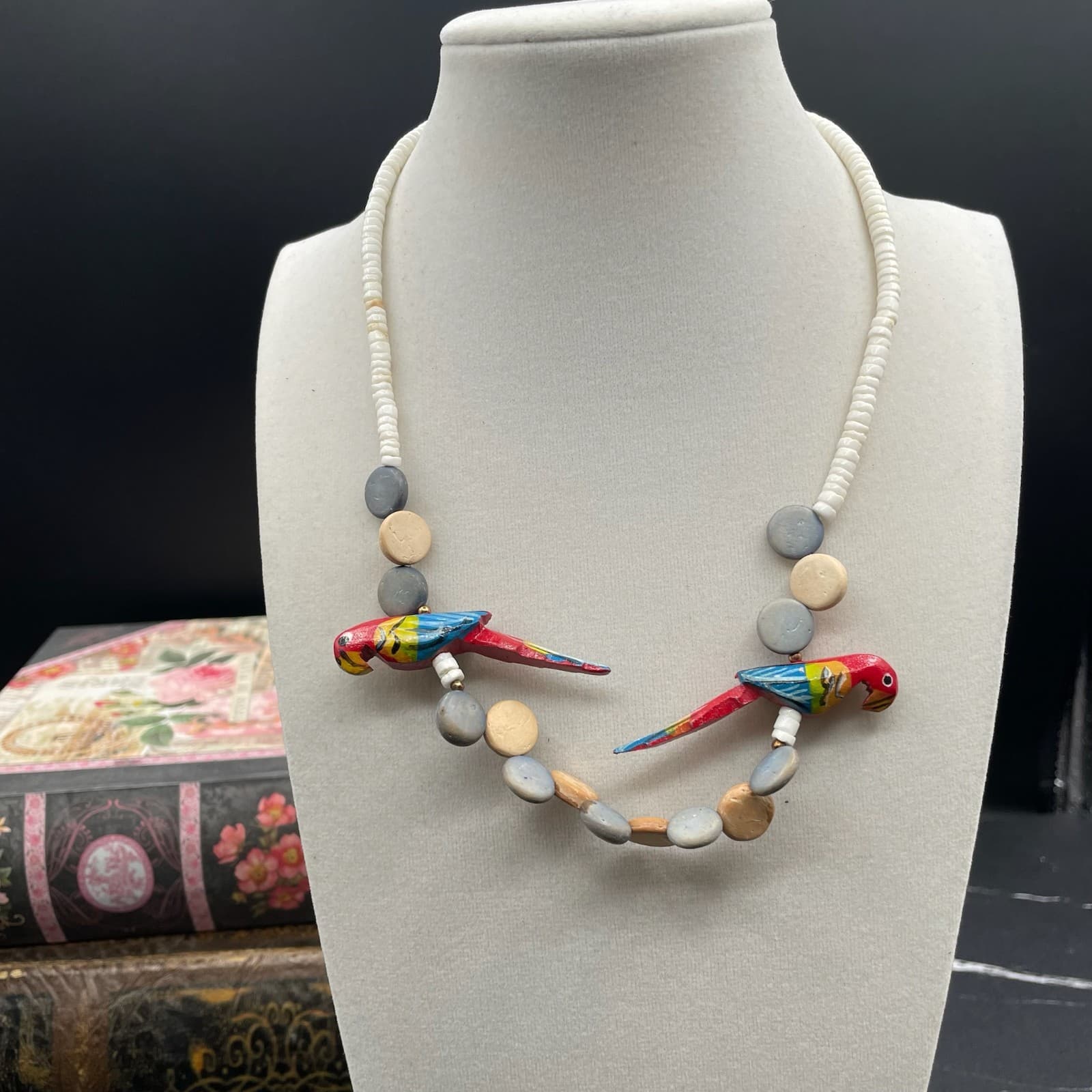 Contemporary White Asymmetrical Carved Wood Parrot Statement Beaded Necklace - Image 1