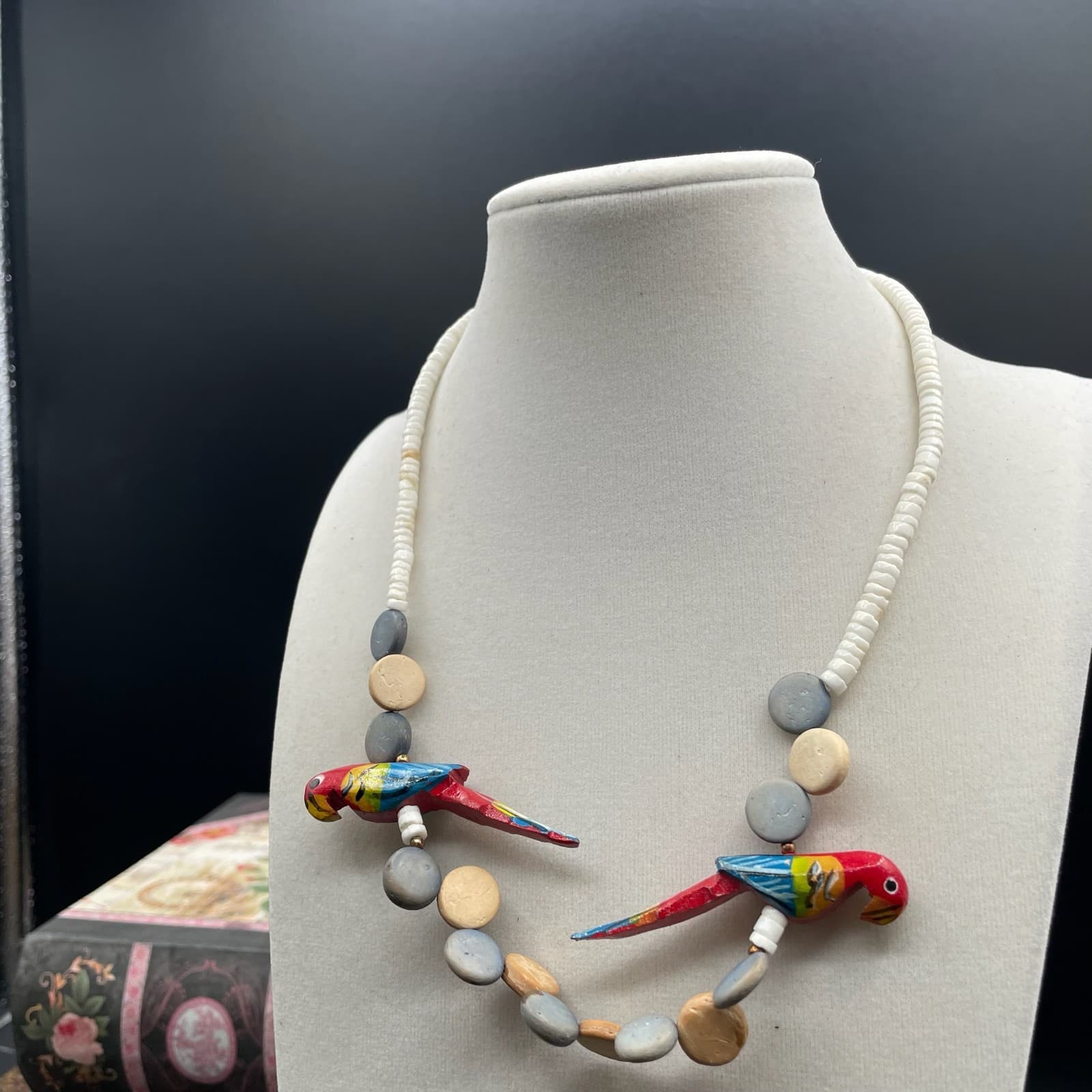 Contemporary White Asymmetrical Carved Wood Parrot Statement Beaded Necklace - Thumbnail 6