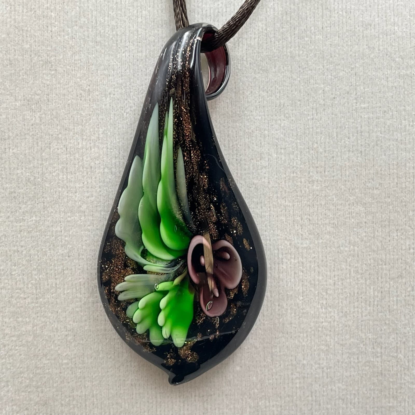 Black Lampwork Botanical Borosilicate Glass Blooming Flower Pendant Necklace - Image 1