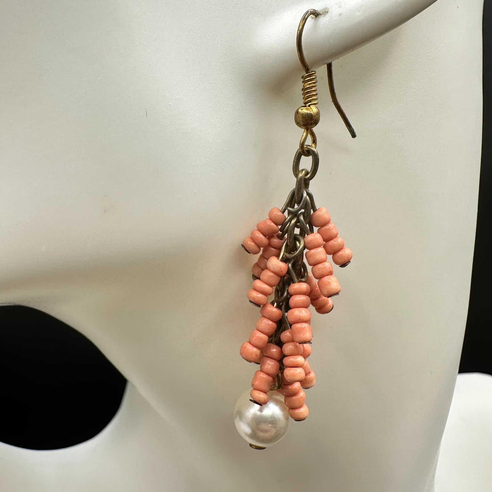 Vintage Handmade Women's Pink Beaded Long Hanging Fashion Dangle Earrings - Thumbnail 2