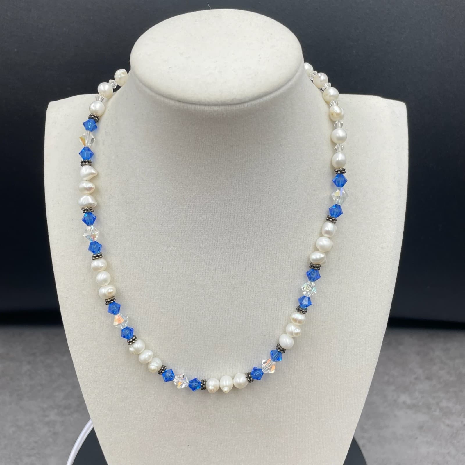 Artisan White Blue Faceted Bicone Crystals Freshwater Pearl Beaded Necklace - Thumbnail 2