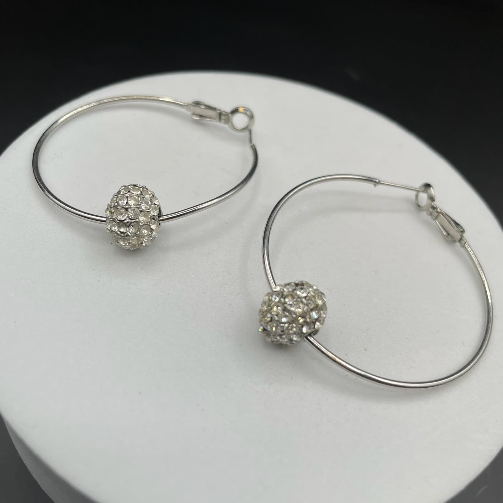 Rhinestone Pavé Bead Silver-Tone Hoop Earrings - Thumbnail 3