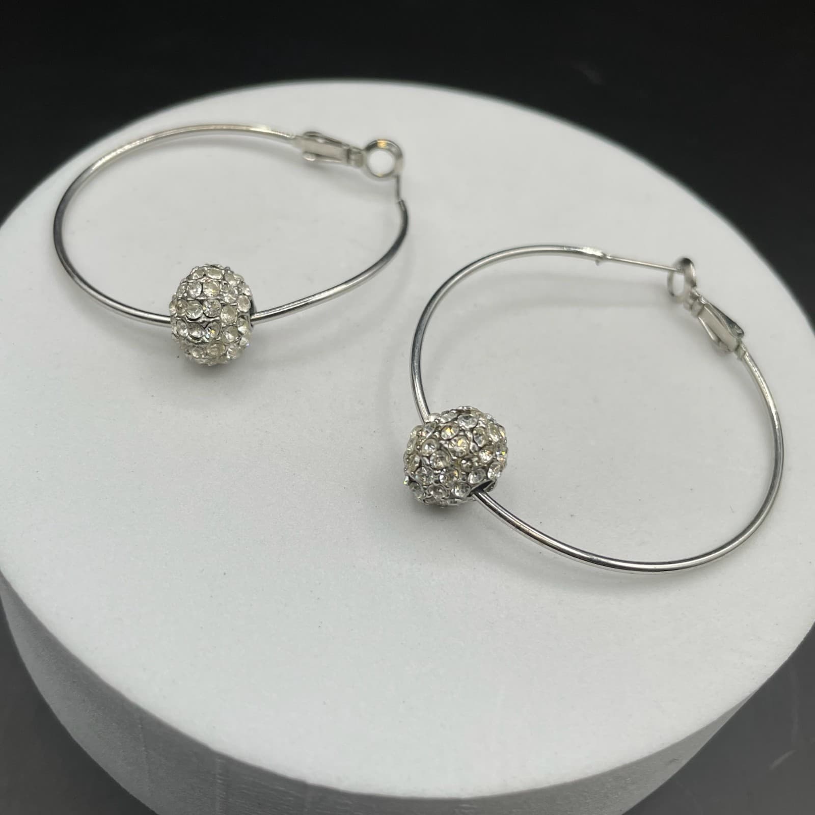 Rhinestone Pavé Bead Silver-Tone Hoop Earrings - Thumbnail 2